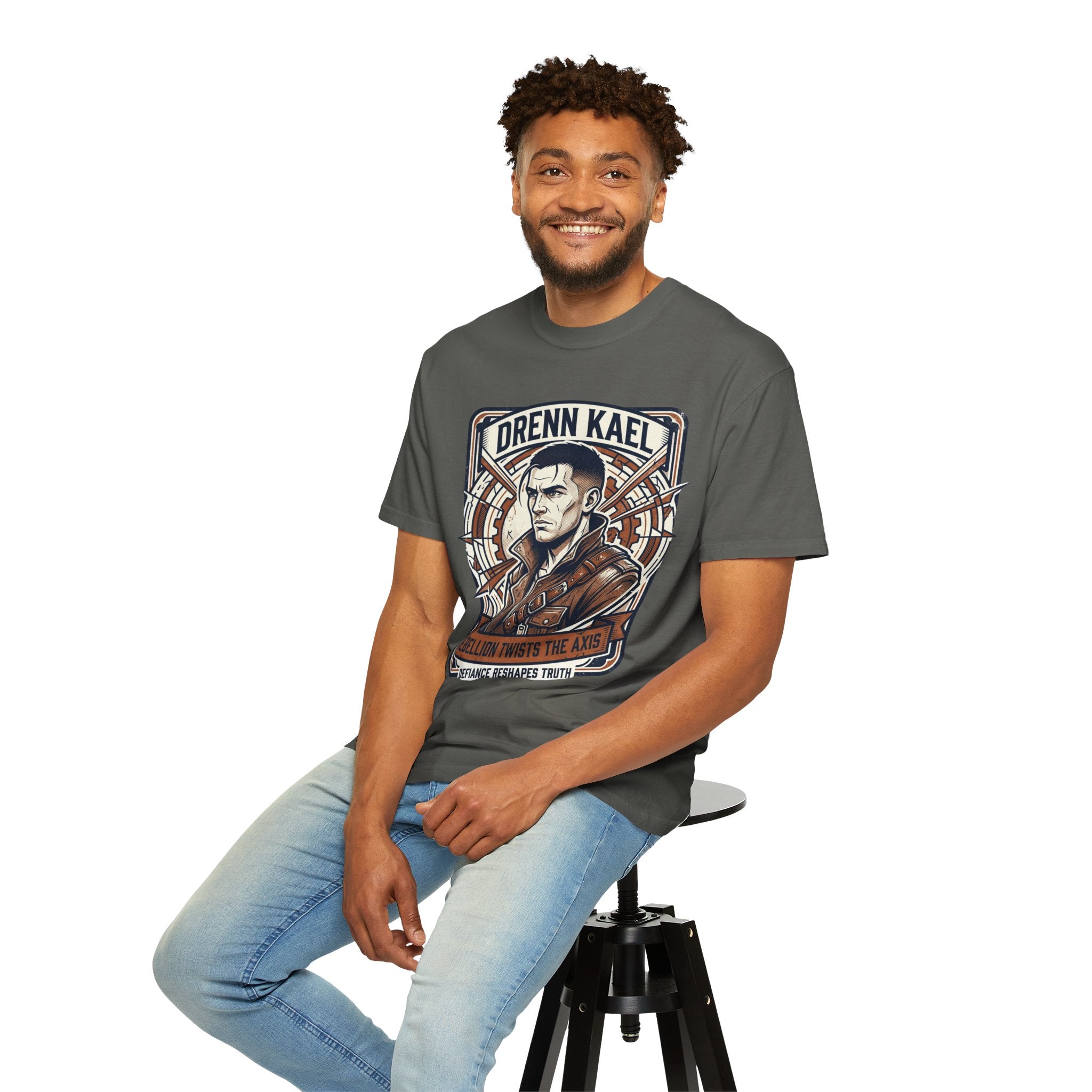 Power Runs Black PRB Drenn Kael Portrait T-Shirt — "Rebellion Twists the Axis" Graphic Tee by Printify