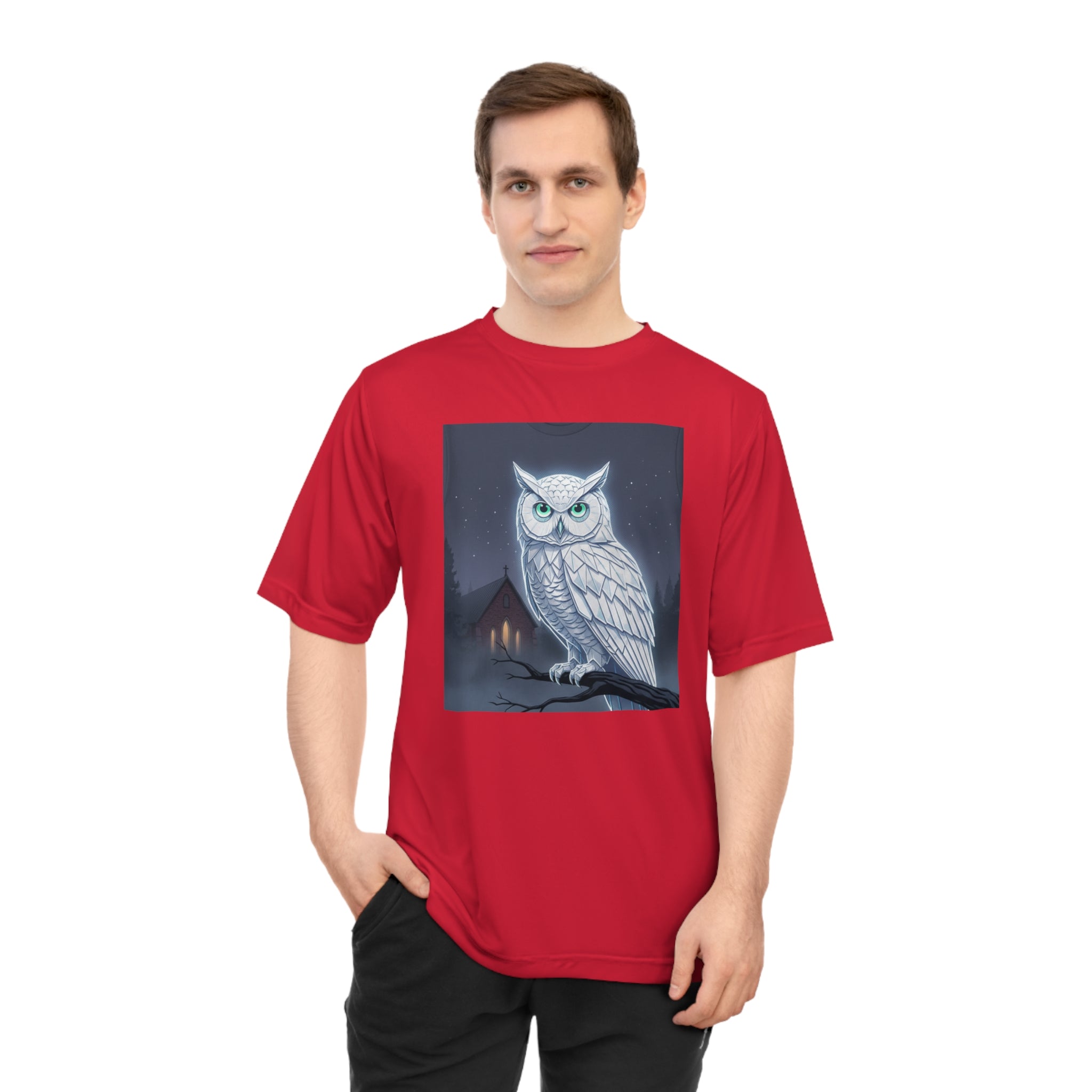 PRB White Snowy Owl Illustration T-shirt | Moonlit Night, Cabin Scene by Printify