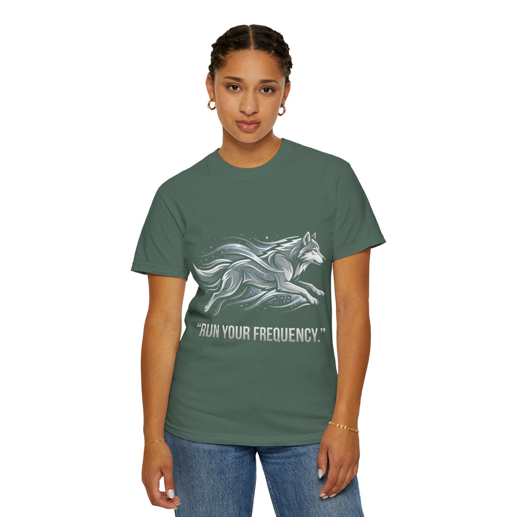 Wolf Graphic T-Shirt — 'Run Your Frequency' Motivational Tee by Printify