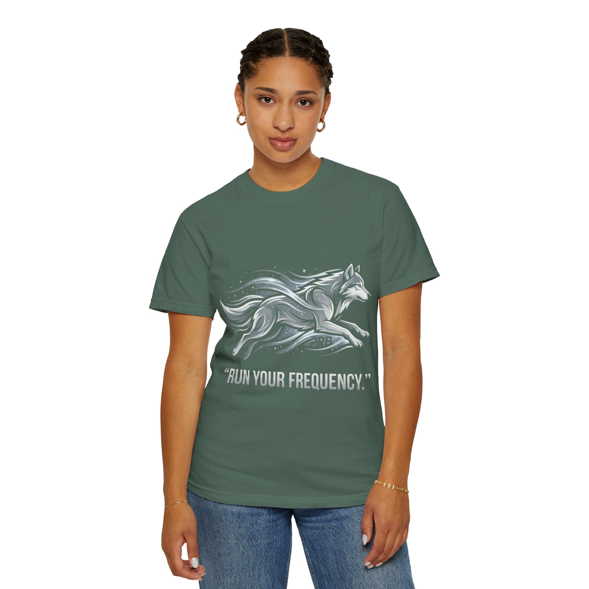 Wolf Graphic T-Shirt — 'Run Your Frequency' Motivational Tee by Printify
