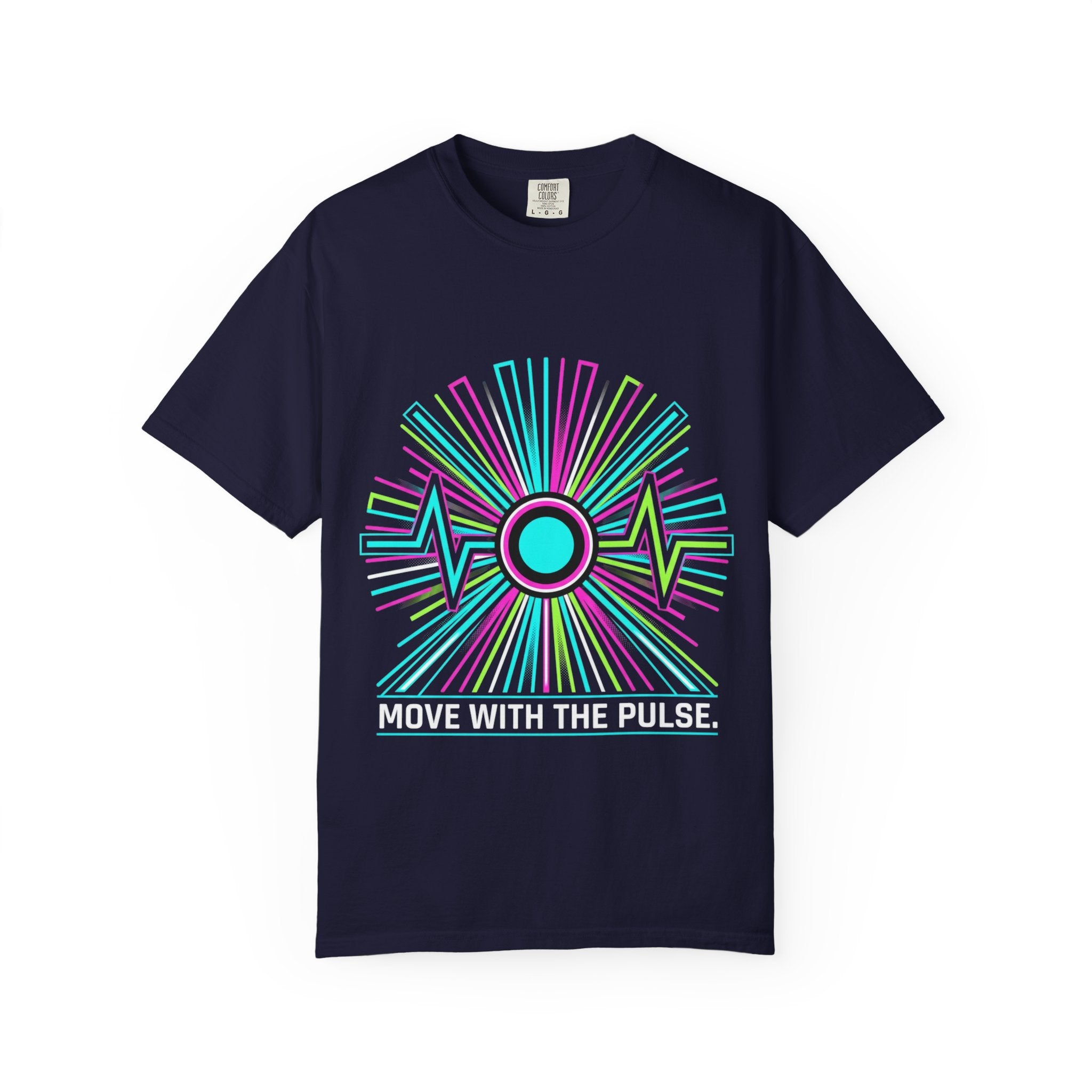 Power Runs Black PRB Electric "Move With Pulse" Graphic T-Shirt — Neon Sunburst Design by Printify