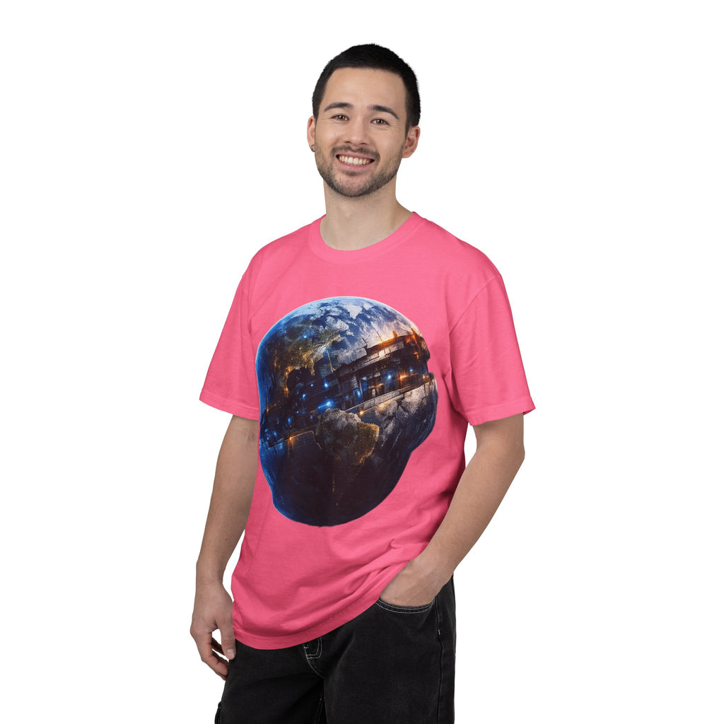 PRB Cityscape Globe T-shirt | Nighttime Earth Illustration, Urban Lights by Power Runs Black