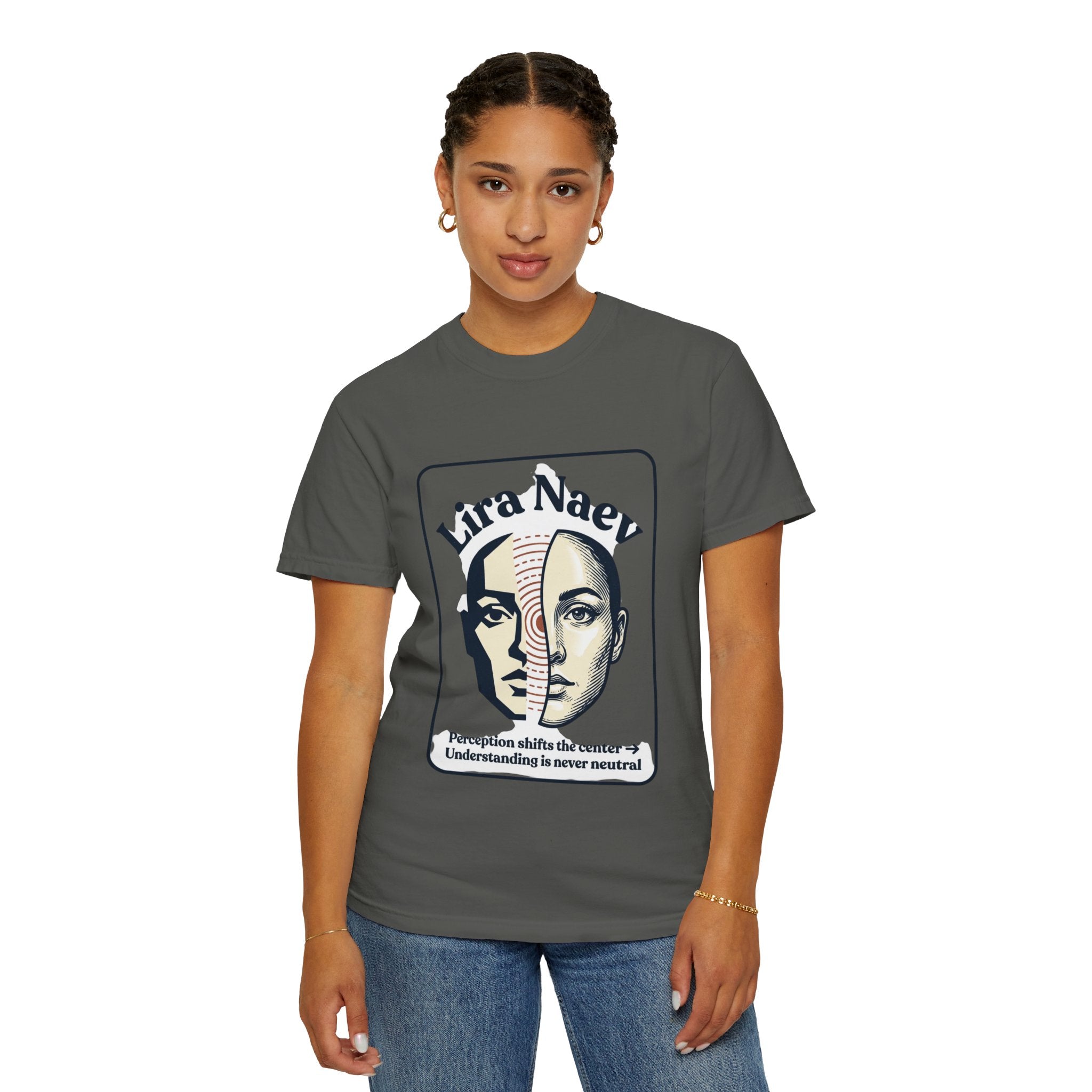 Power Runs Black PRB Lira Naev Split-Face Graphic T-Shirt — “Perception shifts the center” Statement Tee by Power Runs Black
