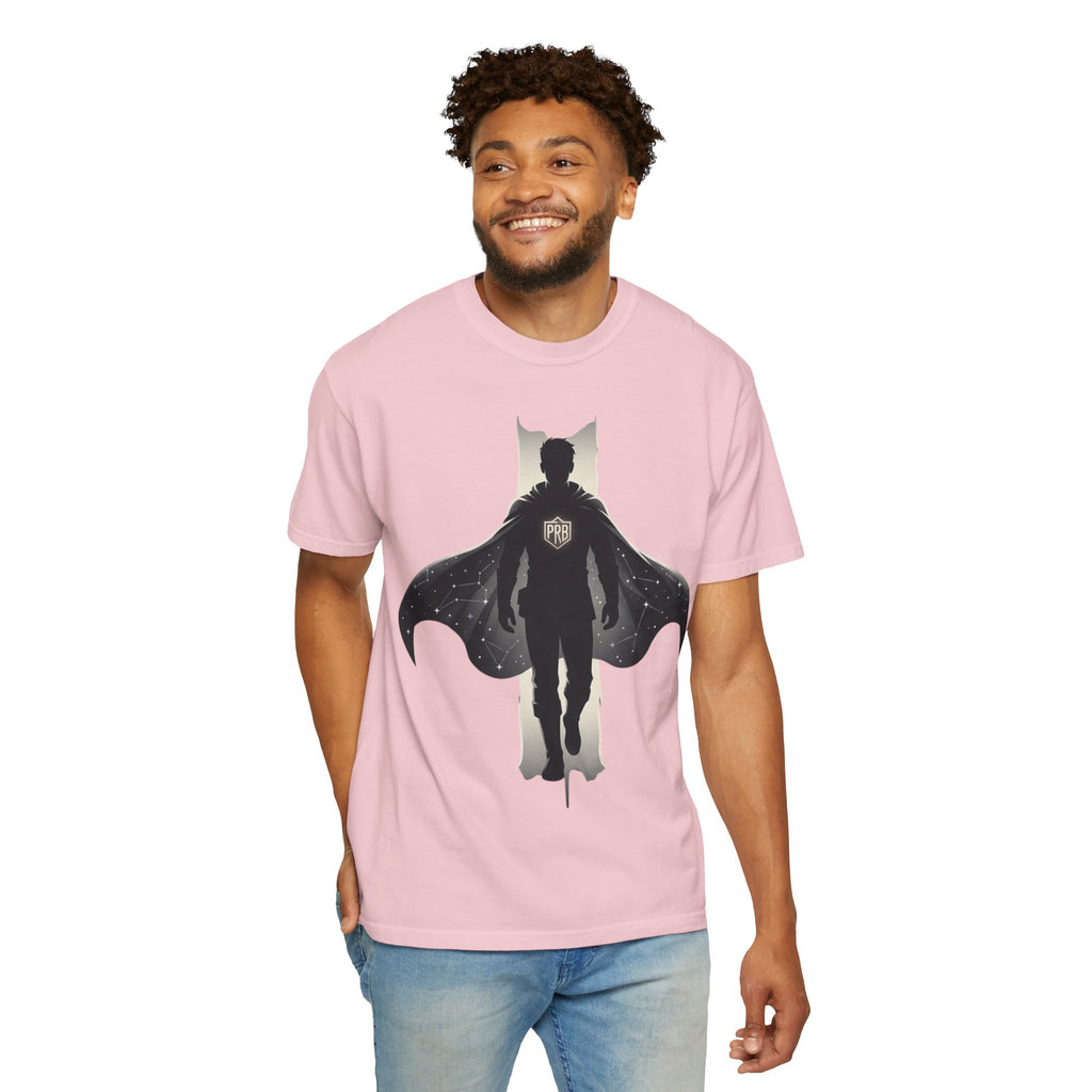 Power Runs Black Silhouette PRB Superhero with Cape T-shirt | Night Sky Emblem, Graphic Tee by Printify