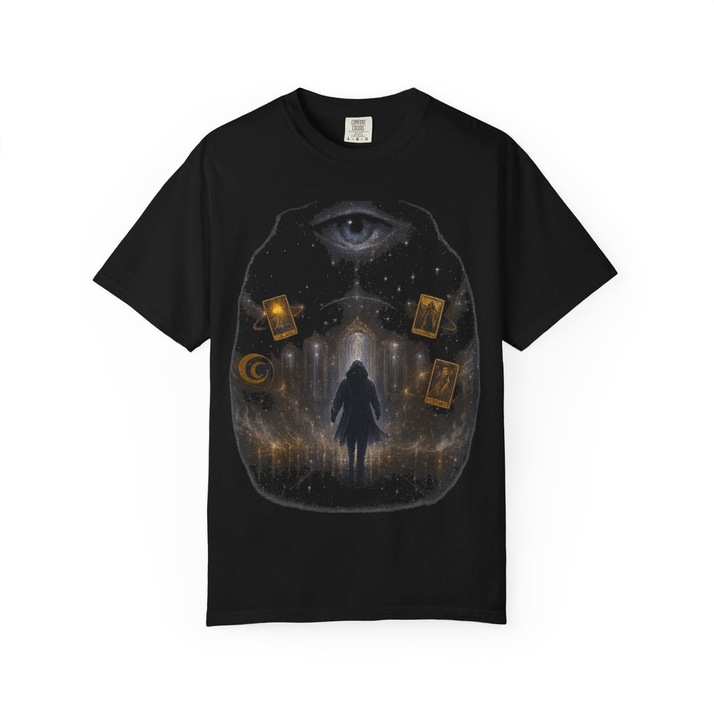 PRB Occult Tarot Skull T-Shirt — Mystic Eye & Shadow Figure Graphic by Power Runs Black