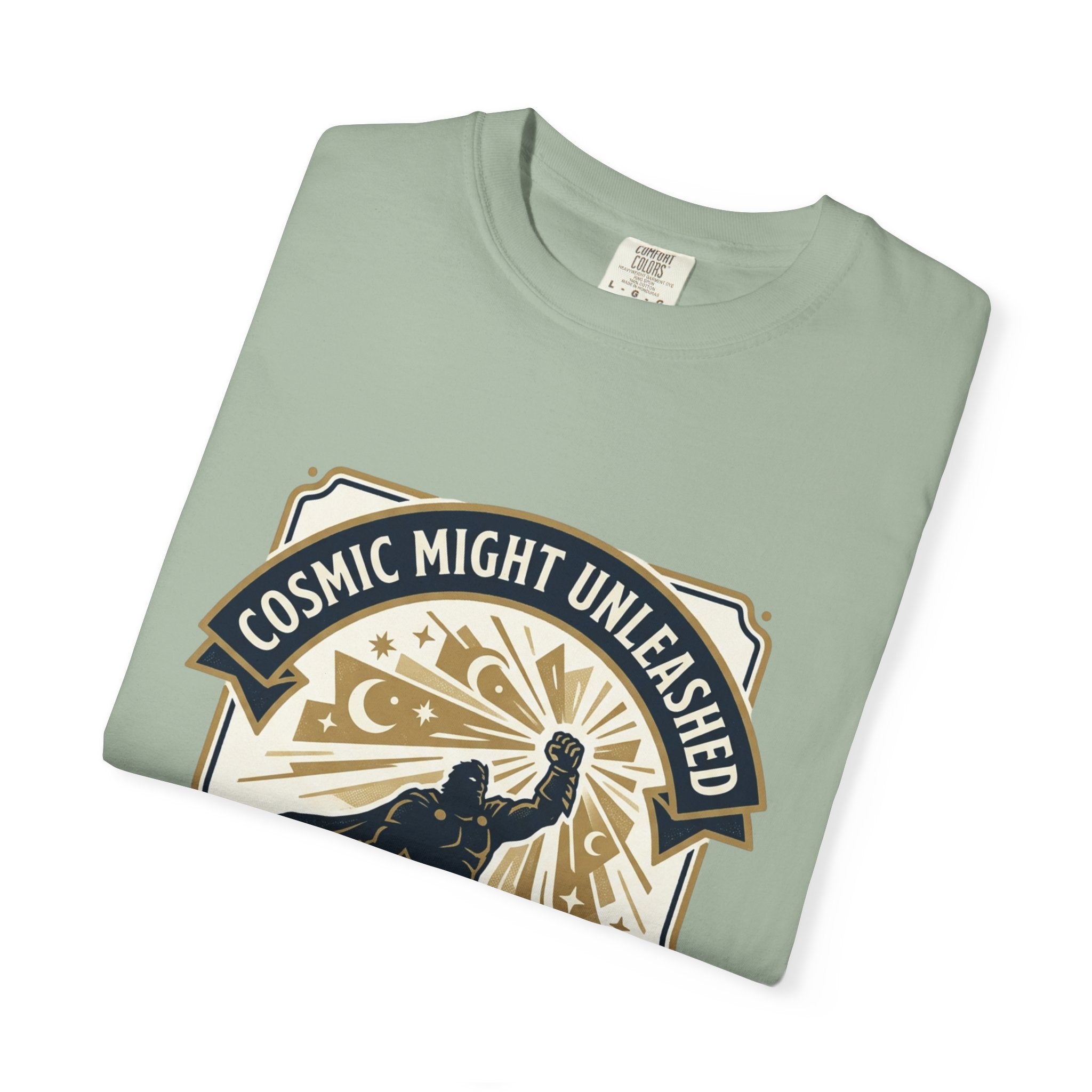 PRB Starforged Flex Cosmic Might Unleashed T-Shirt — Retro Superhero Space Graphic ('Power Does Not Rise, It Returns') by Power Runs Black