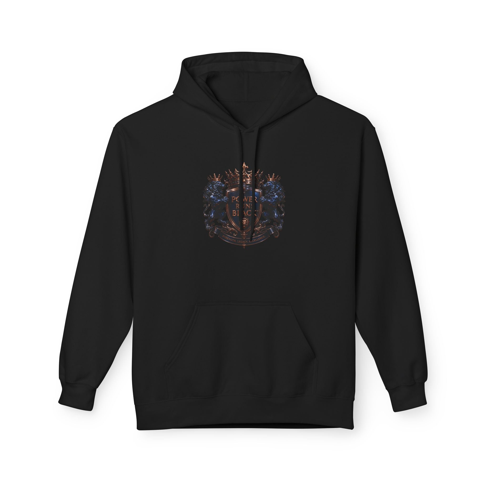 Power Runs Black crest hoodie | medieval shield with lions and wings by Power Runs Black