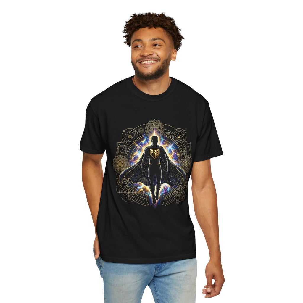 PRB Mystic Cloaked Hero Graphic T-Shirt | Cosmic Aura Geometric Streetwear Tee by Printify