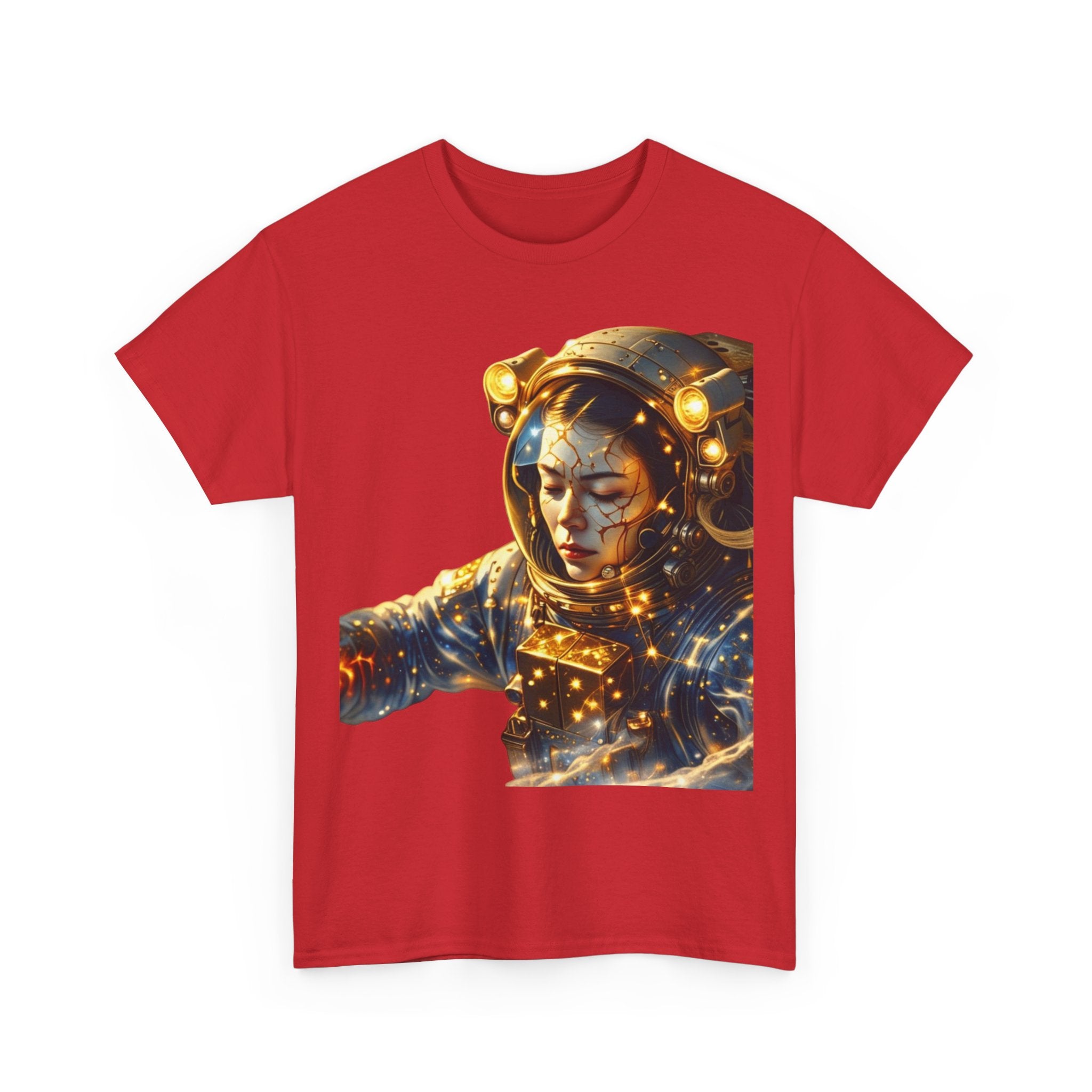 PRB Golden Astronaut Portrait T-Shirt | Space Helmet Art, Cosmic Lights by Power Runs Black