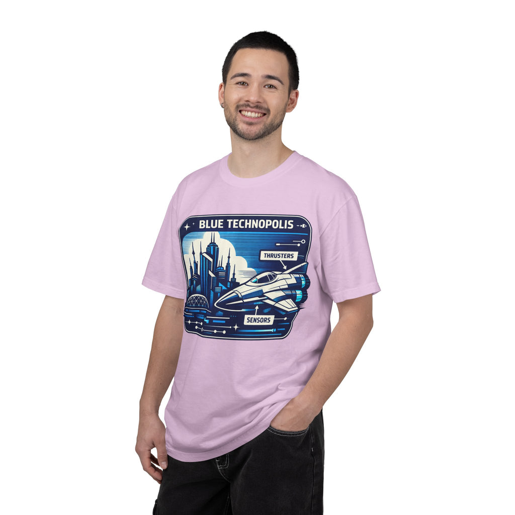 Power Runs Black PRB Technopolis Spacecraft T-Shirt — Blue Technopolis Retro Sci‑Fi Tee by Printify