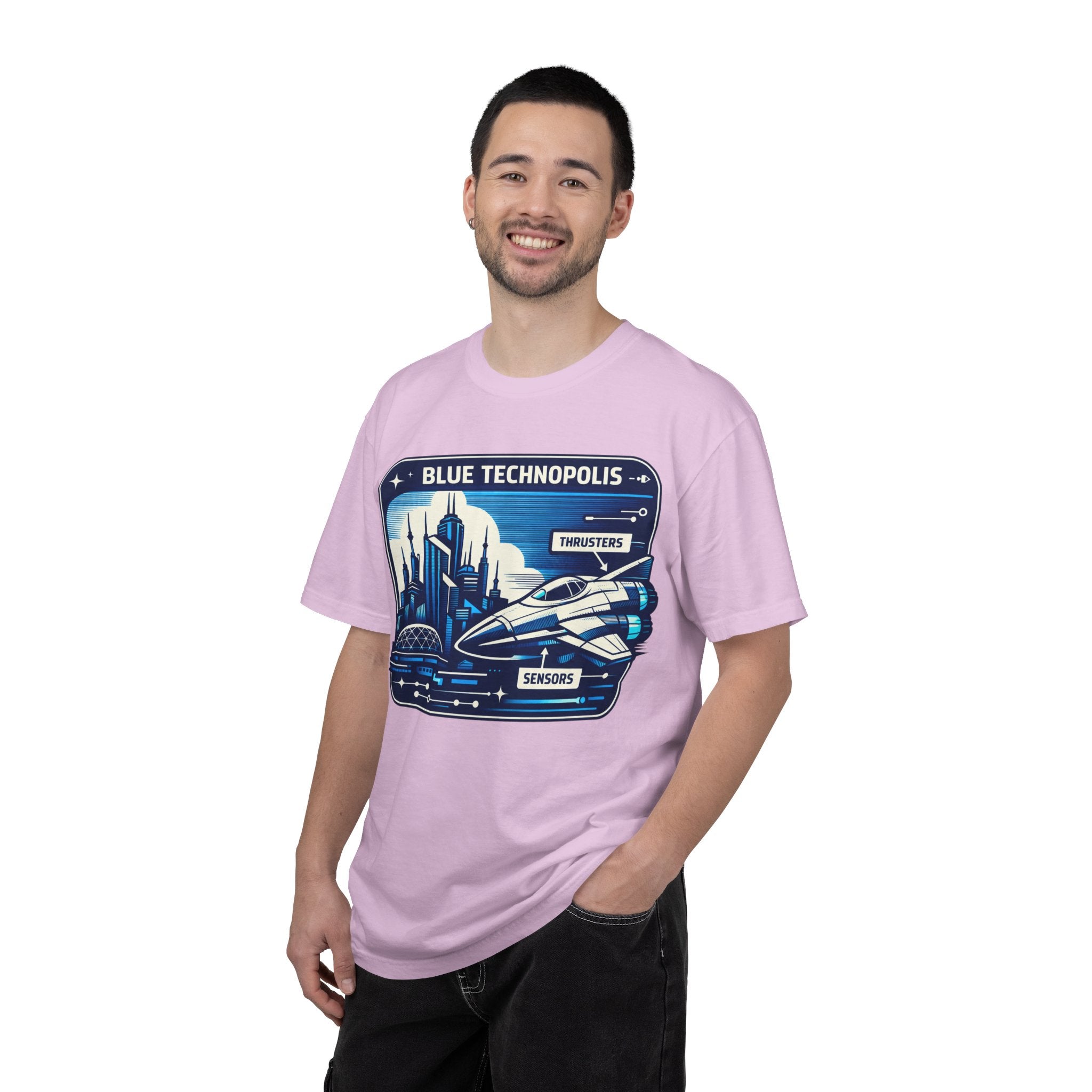 Power Runs Black PRB Technopolis Spacecraft T-Shirt — Blue Technopolis Retro Sci‑Fi Tee by Printify