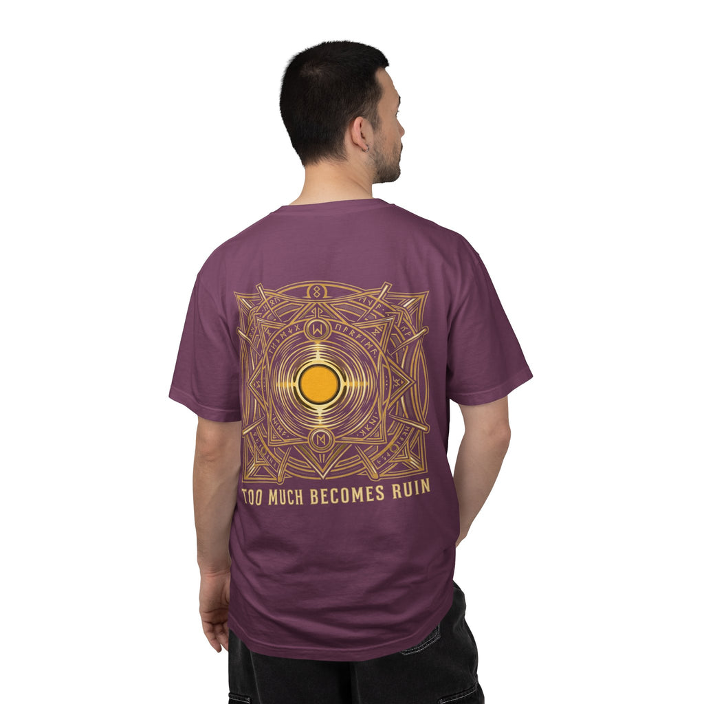 Power Runs Black PRB — Veyra Kain Geometric Sigil Tee with “Too Much Becomes Ruin” Graphic T-Shirt by Printify