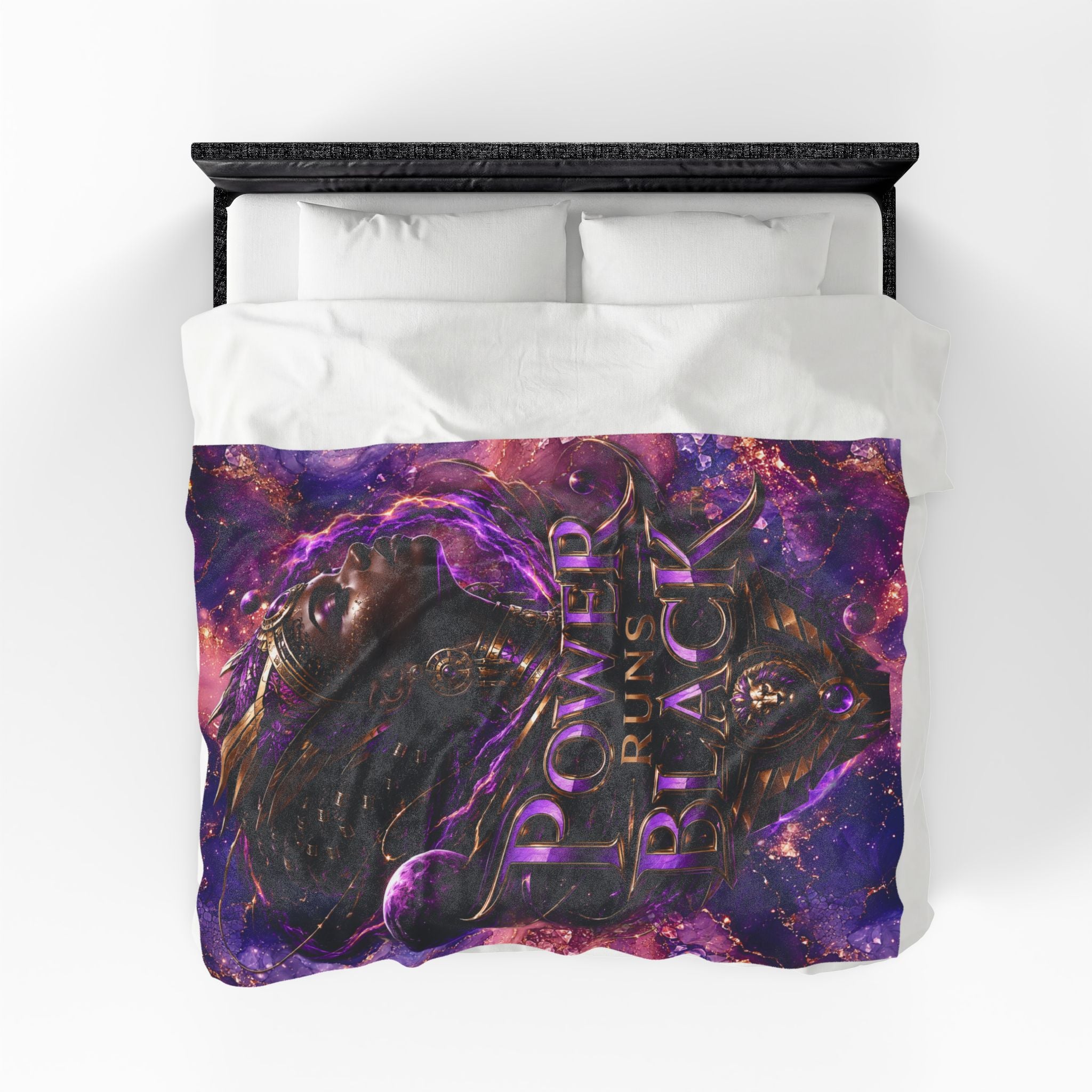 Power Runs Black Velveteen Plush Blanket - "Power Runs Black" Inspirational Afrocentric Throw Blanket by Power Runs Black