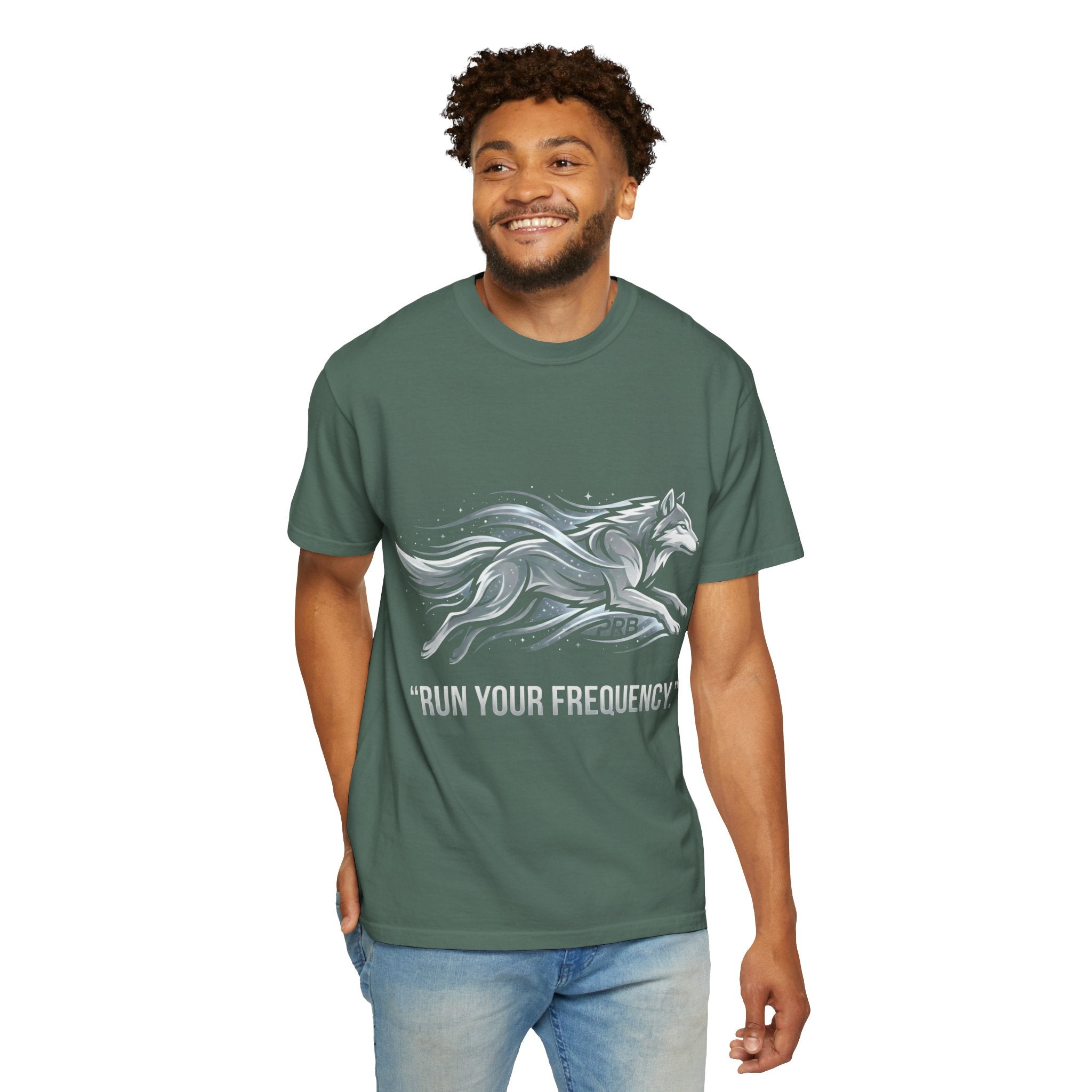Wolf Graphic T-Shirt — 'Run Your Frequency' Motivational Tee by Printify