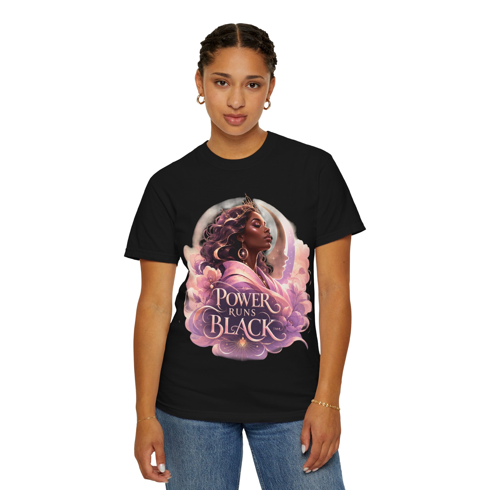 Power Runs Black graphic tee | Black woman portrait, Afro empowerment shirt by Power Runs Black