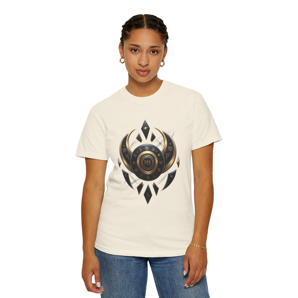 Power Runs Black Mystic Compass Disc T-Shirt — Geometric Gold & Black Emblem Tee by Printify