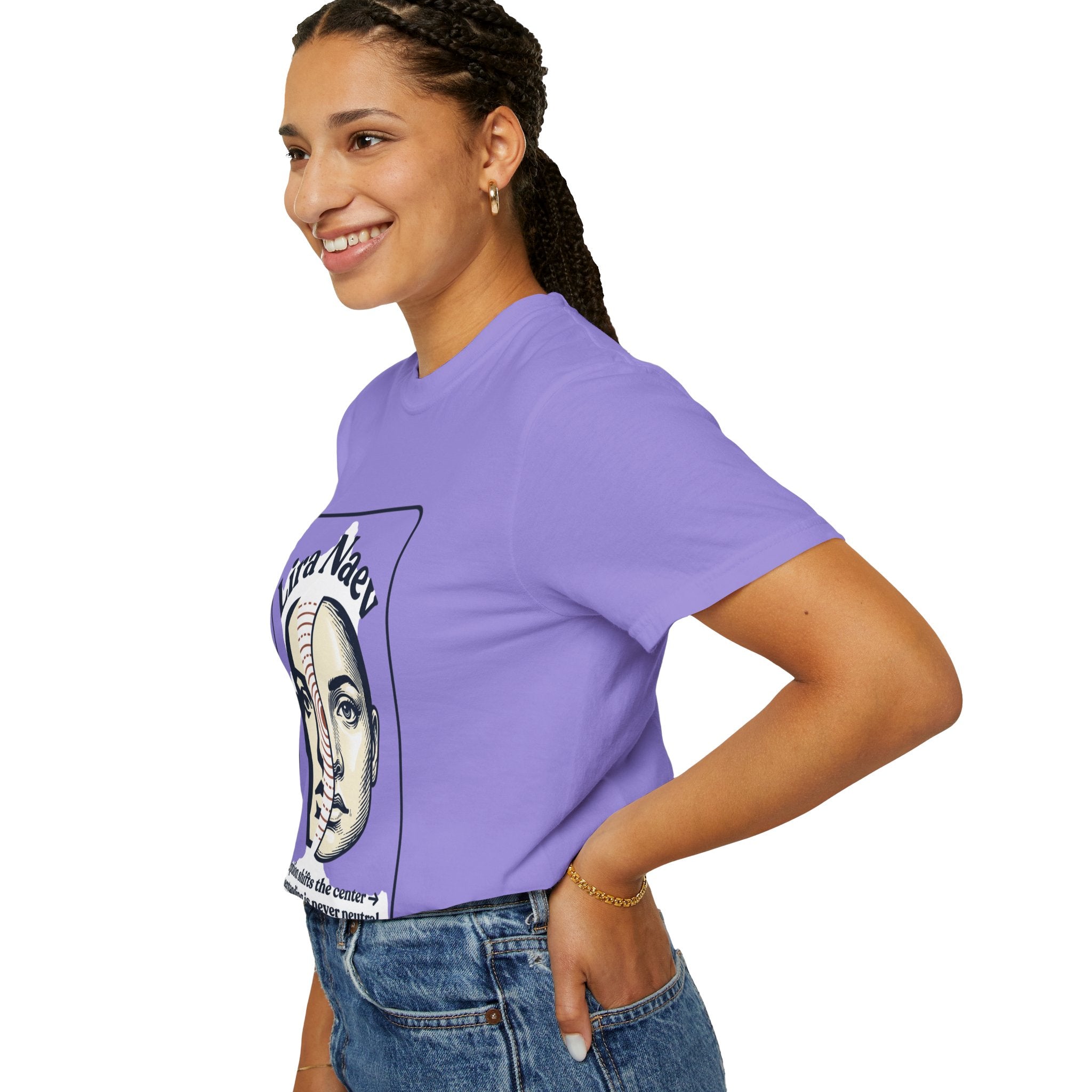 Power Runs Black PRB Lira Naev Split-Face Graphic T-Shirt — “Perception shifts the center” Statement Tee by Printify