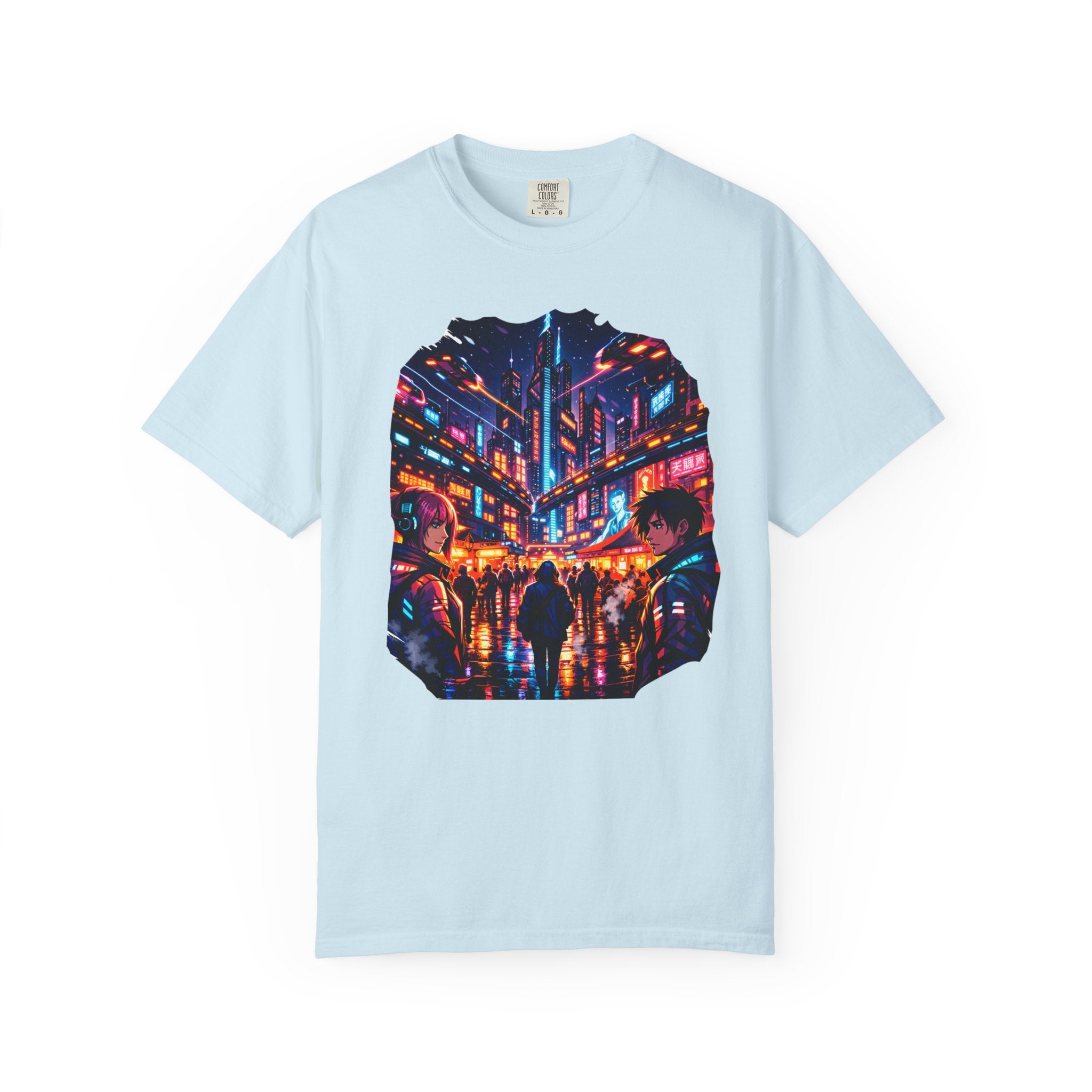 PRB Neon Cyberpunk Cityscape T-shirt | Anime Night Rain Streets by Power Runs Black