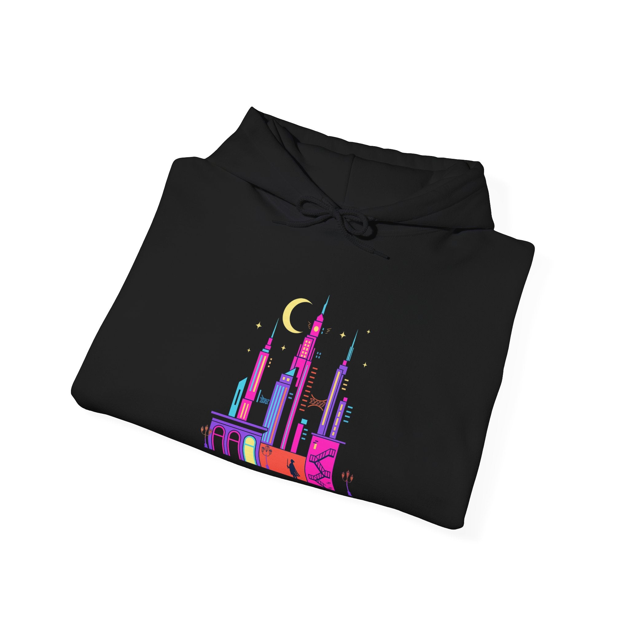 PRB Colorful City Skyline Hoodie – Vibrant Nighttime Urban Graphic by Power Runs Black