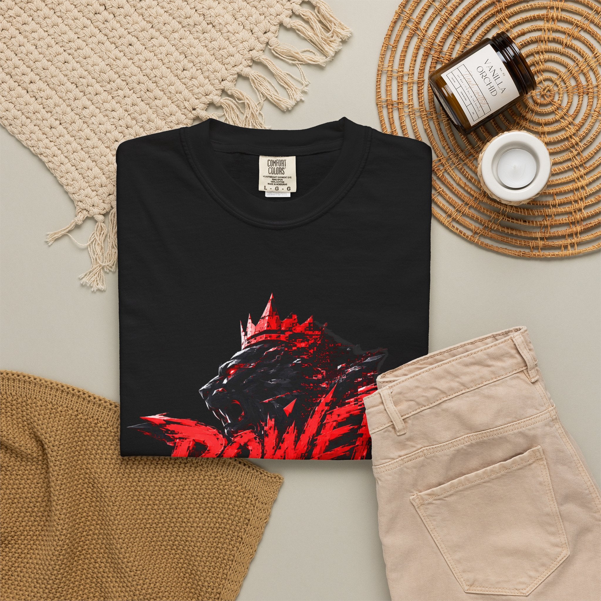 Power Runs Black T-shirt | Wolf Silhouette, Red Black Graphic Tee by Power Runs Black