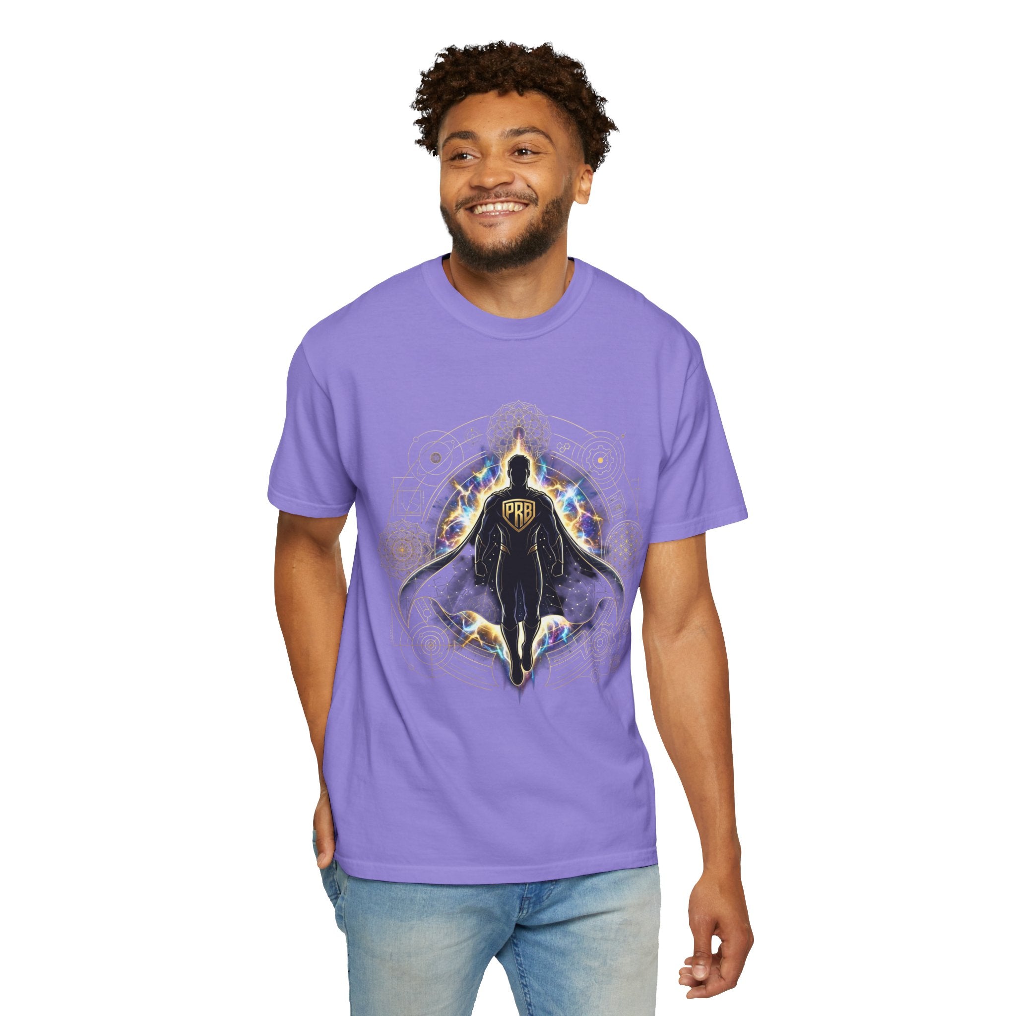 PRB Mystic Cloaked Hero Graphic T-Shirt | Cosmic Aura Geometric Streetwear Tee by Printify