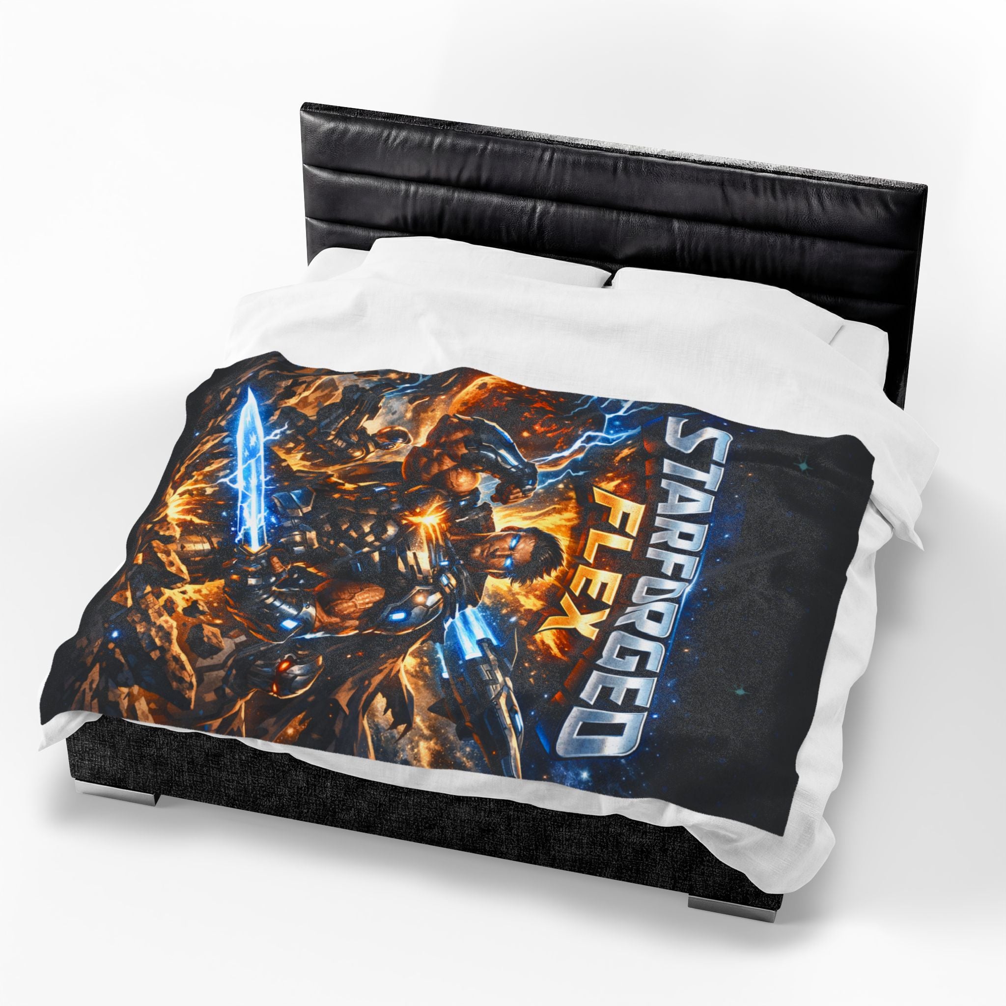 Power Runs Black Starforged Flex Velveteen Plush Blanket — Sci‑Fi Warrior Graphic Throw by Power Runs Black