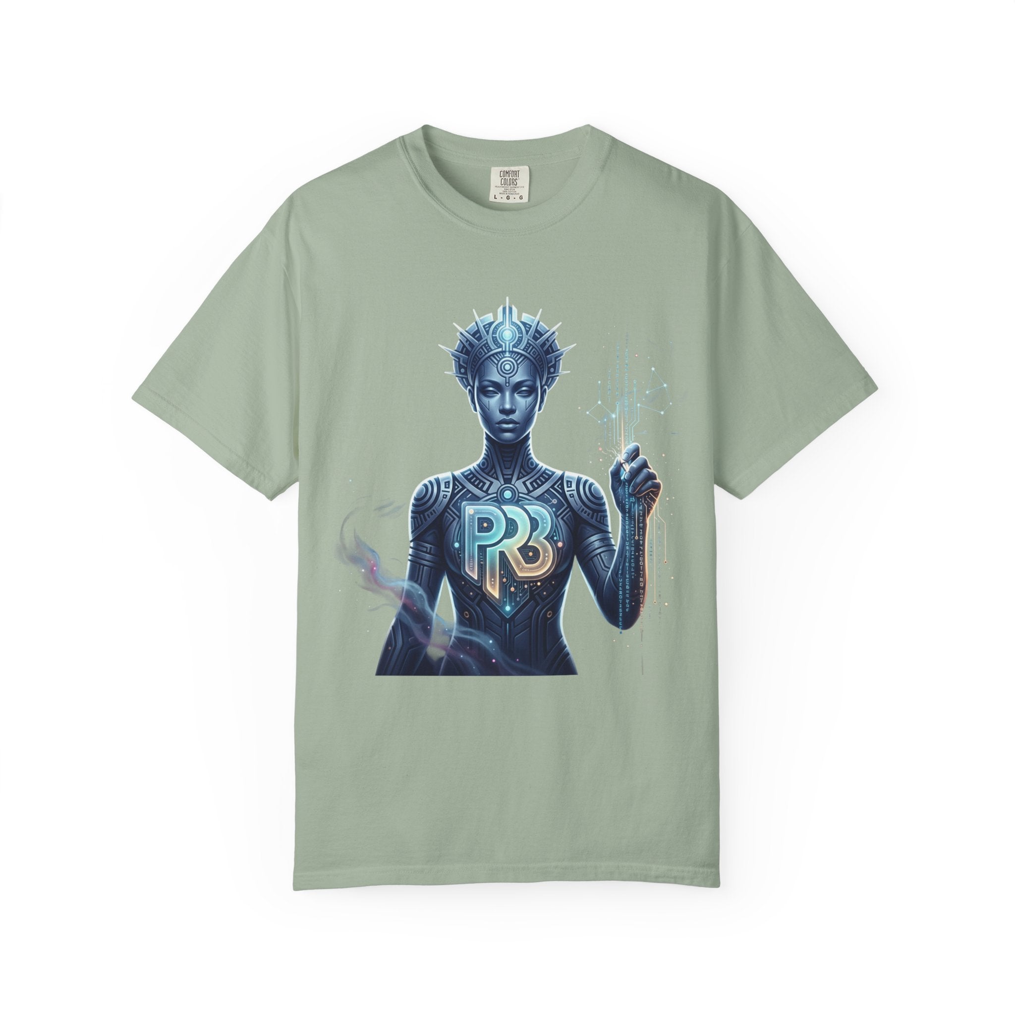 Printify PRB Divine Code Architect 4K Futuristic Blue Android with PR Chest Logo T-Shirt - T-Shirt