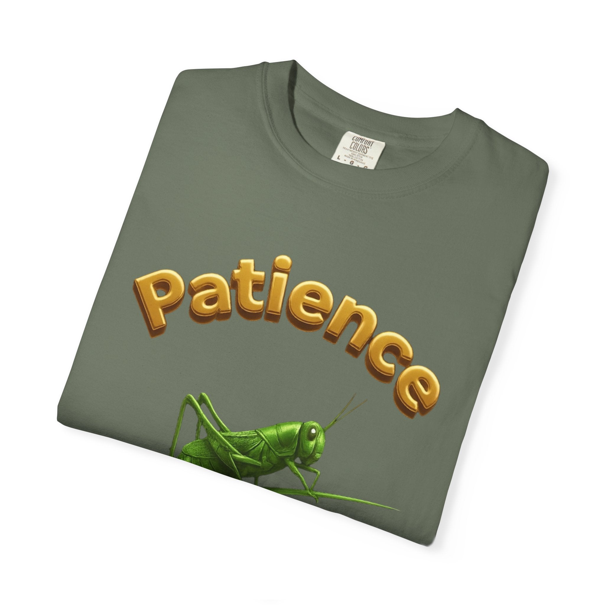 PRB Patience Grasshopper T-shirt | Green Grasshopper Illustration, Positive Quote by Printify
