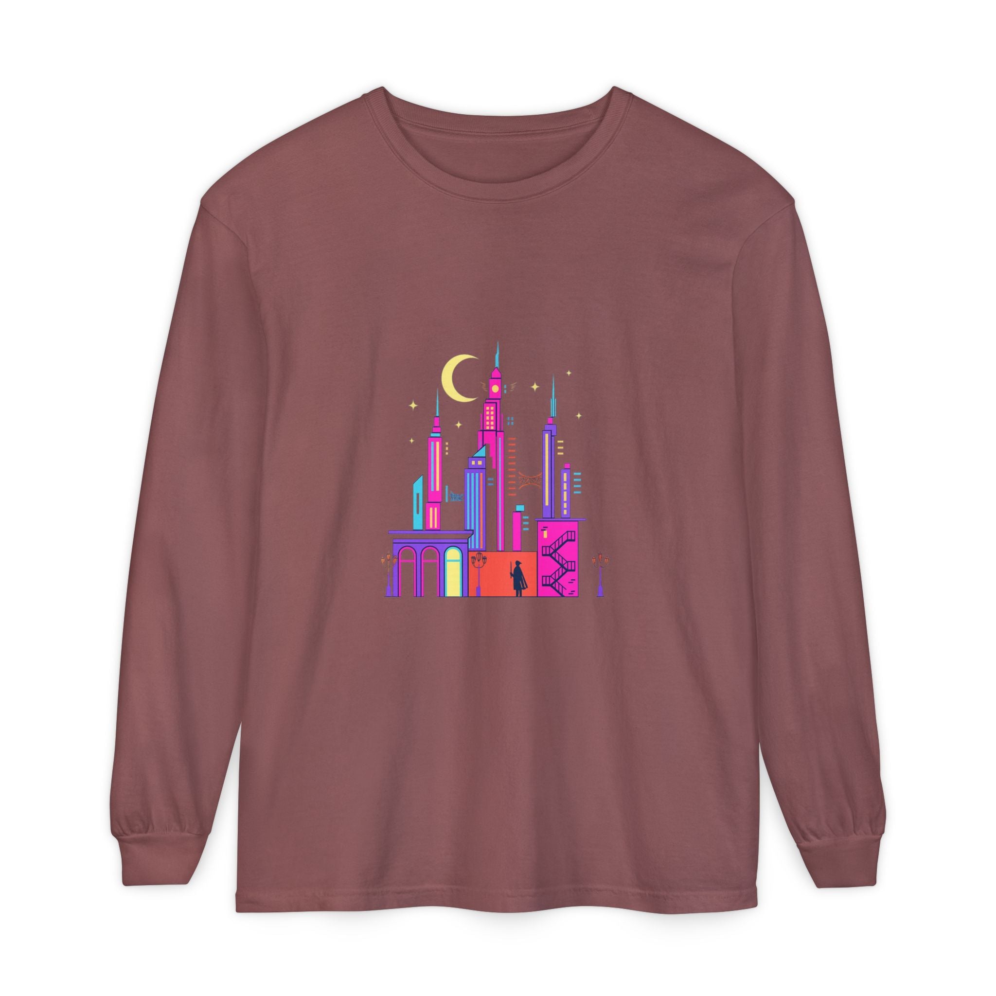 PRB Neon City Skyline Long Sleeve Shirt | Urban Nightscape Illustration by Power Runs Black