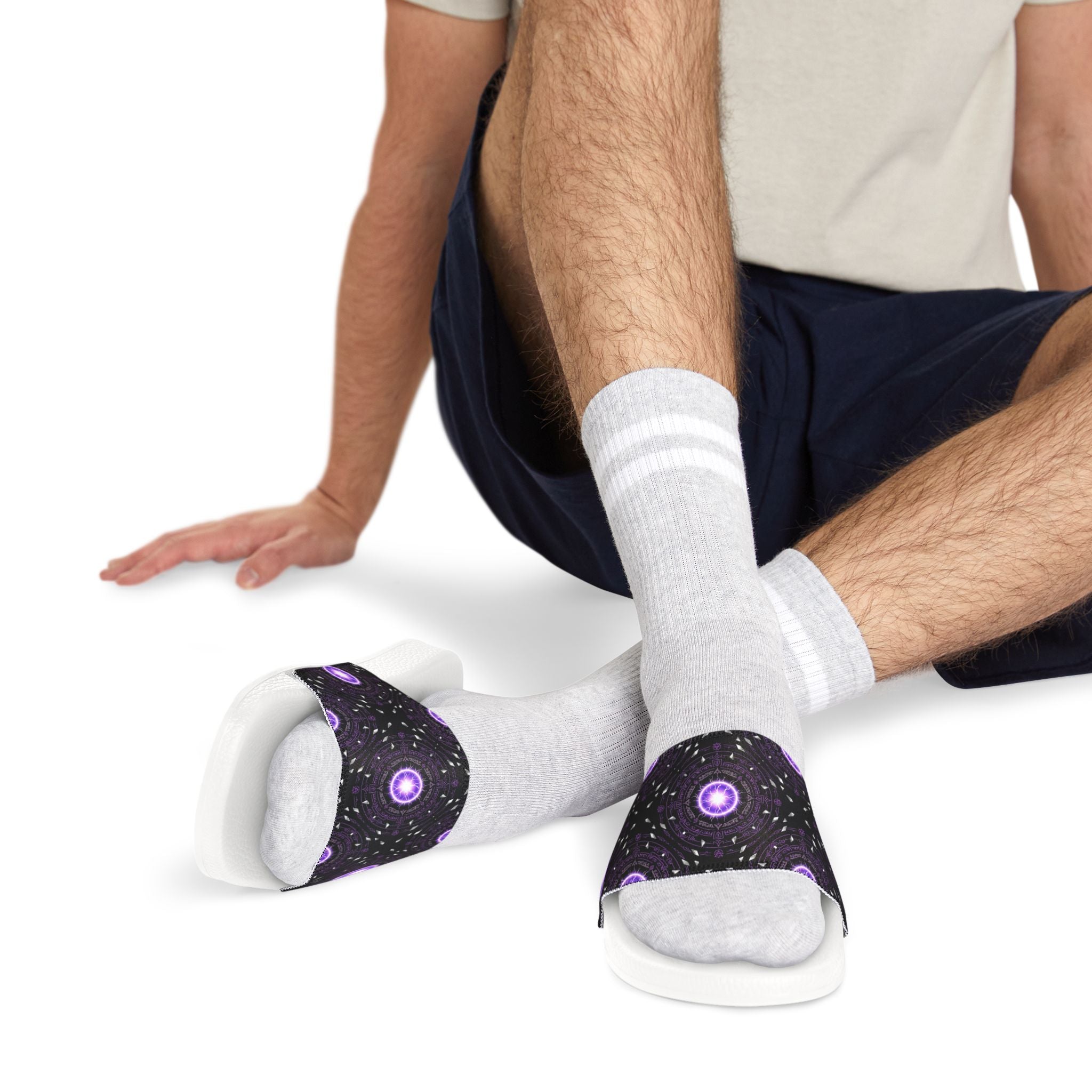 Power Runs Black Men's Removable-Strap Slide Sandals — Purple Cosmic Mandala Pattern by Power Runs Black
