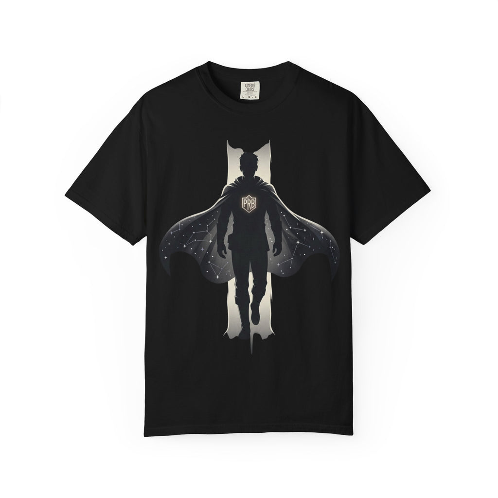 Power Runs Black Silhouette PRB Superhero with Cape T-shirt | Night Sky Emblem, Graphic Tee by Printify