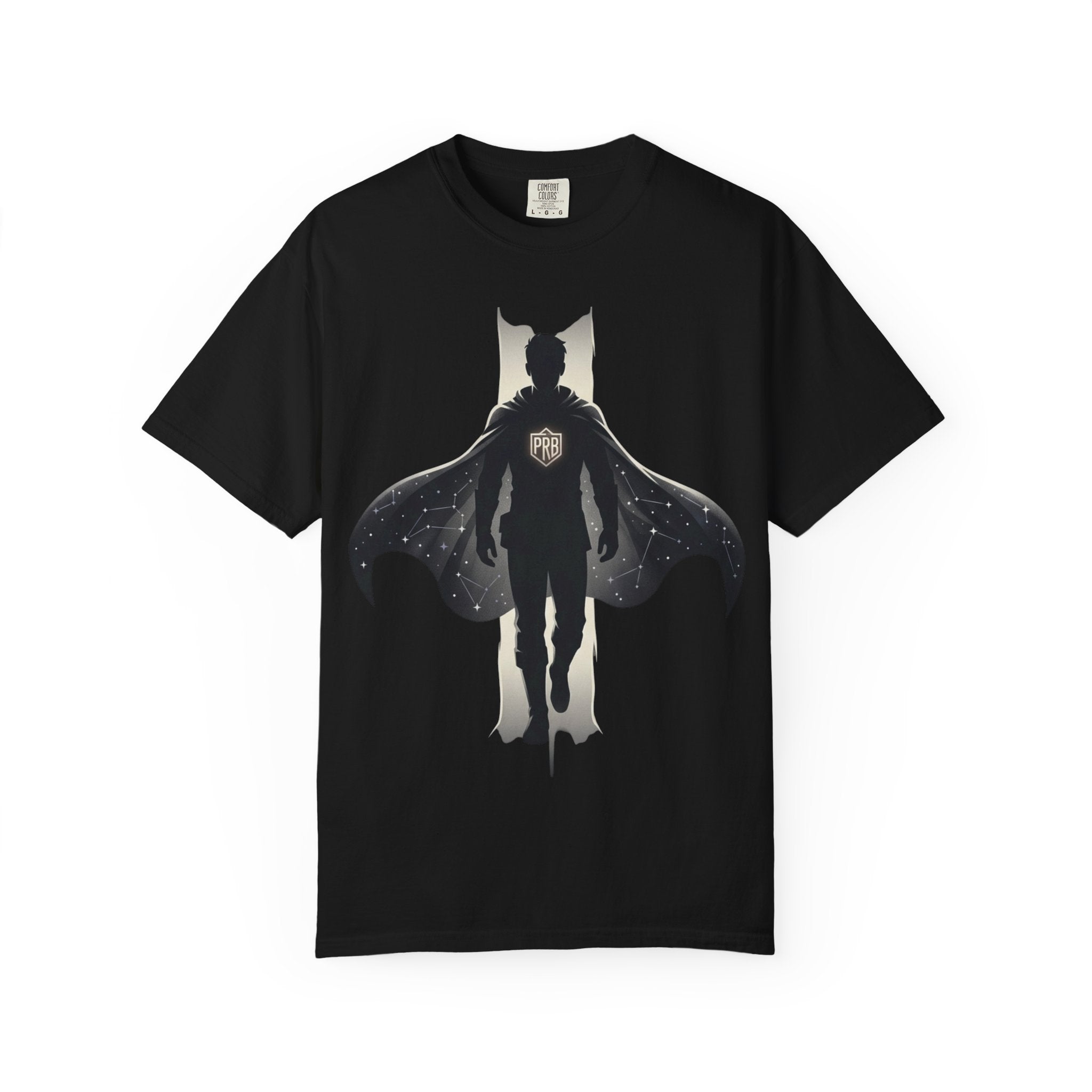 Power Runs Black Silhouette PRB Superhero with Cape T-shirt | Night Sky Emblem, Graphic Tee by Printify