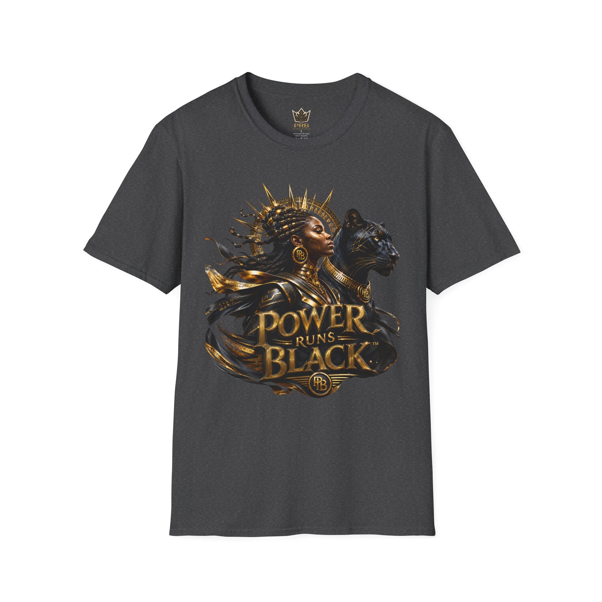 Power Runs Black PRB | Black Woman Portrait, Gold Accents Panther Graphics T by Power Runs Black