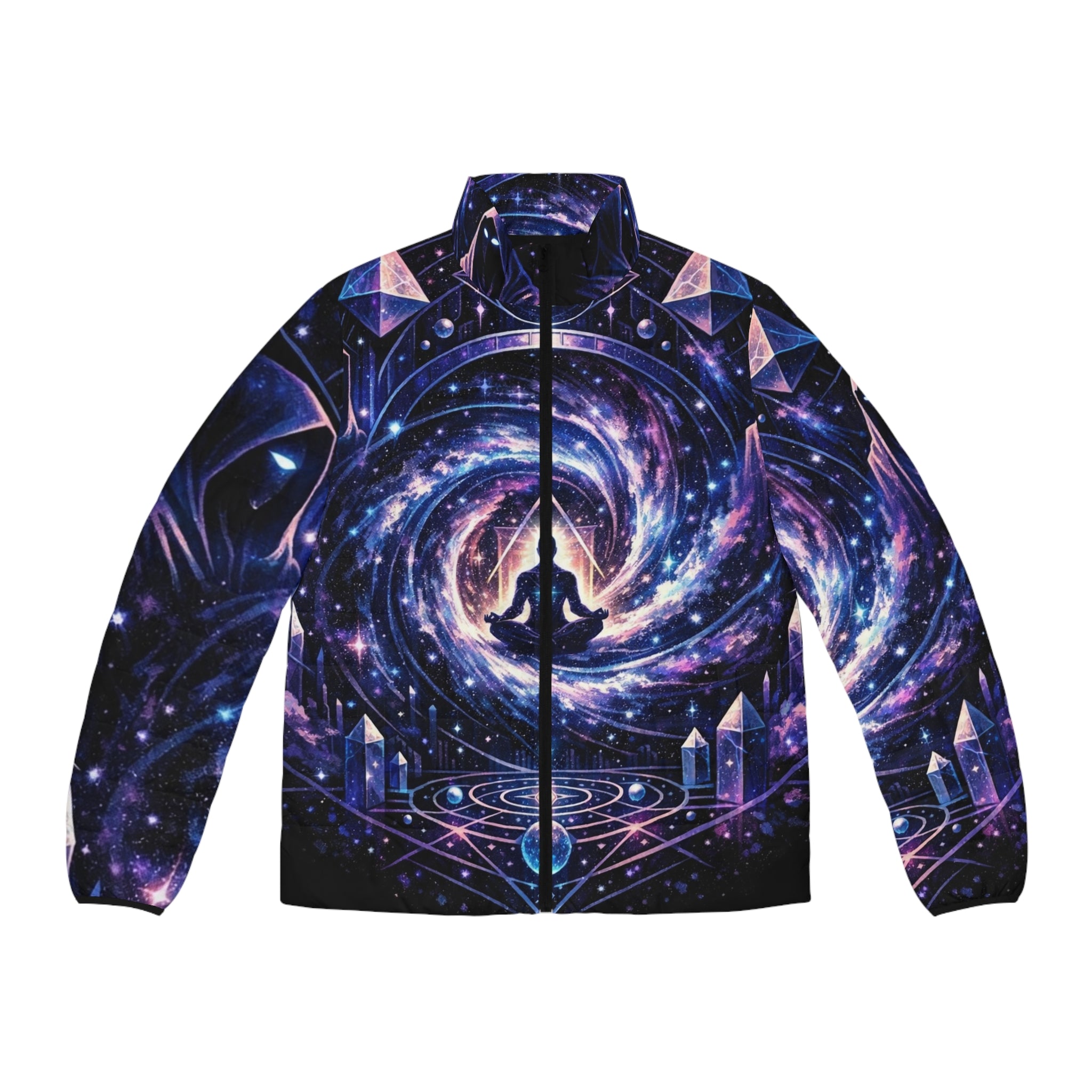 PRB Meditating Astral Galaxy Men's Puffer Jacket | Cosmic Yoga Spiral by Power Runs Black