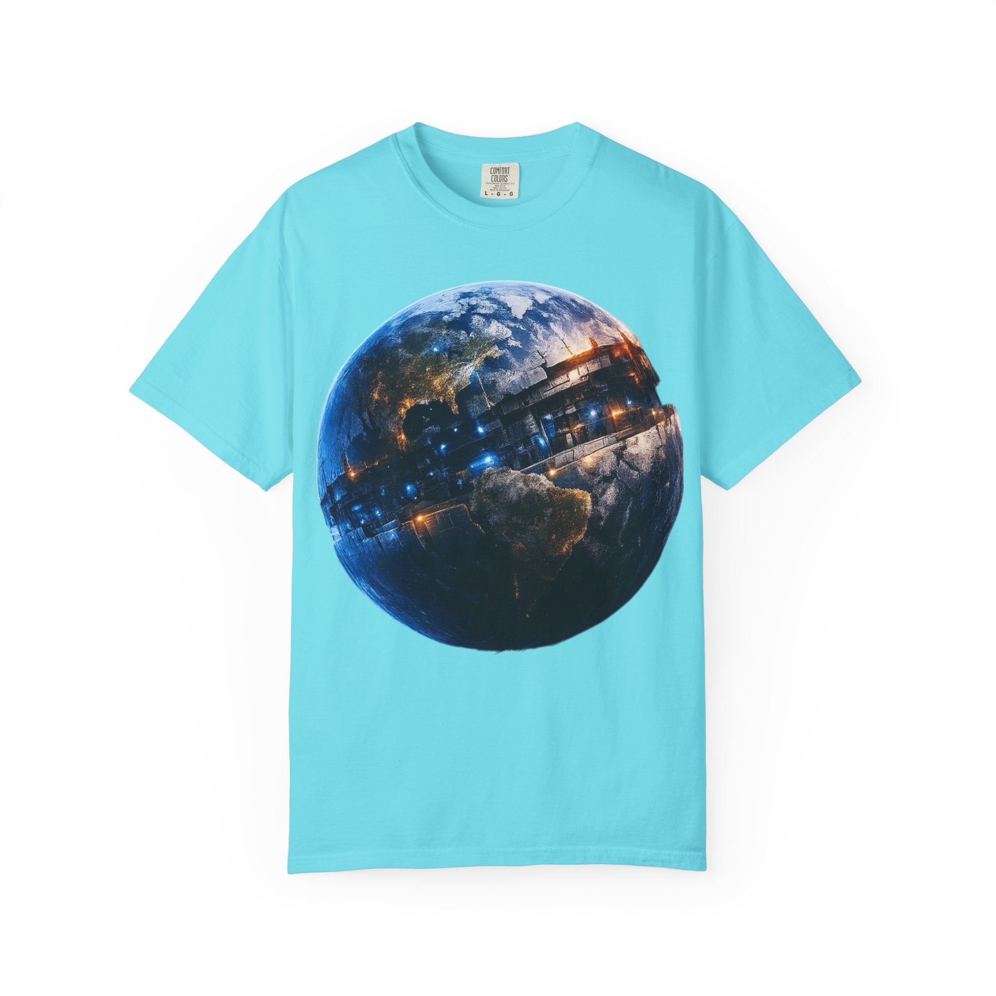 PRB Cityscape Globe T-shirt | Nighttime Earth Illustration, Urban Lights by Power Runs Black