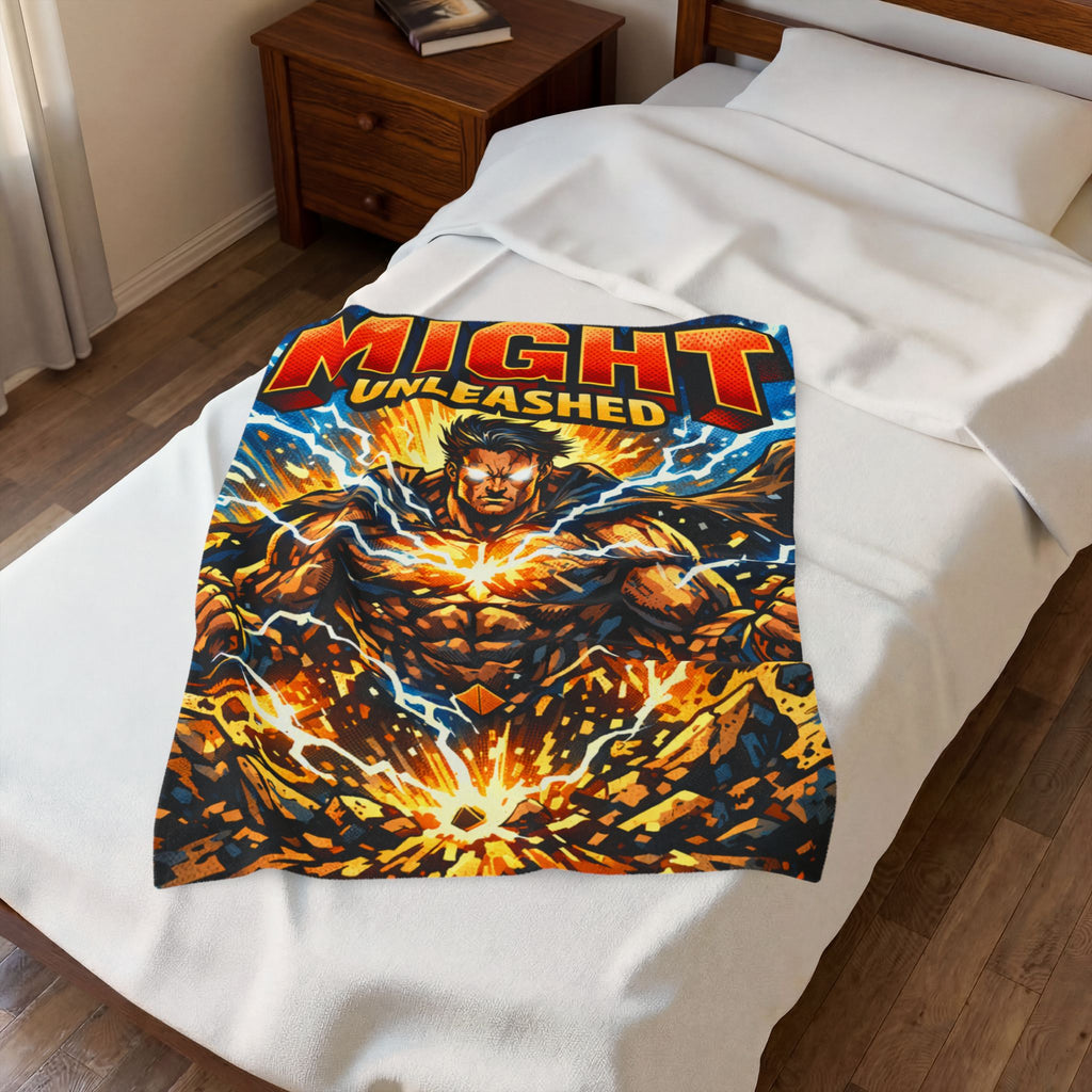 PRB Velveteen Plush Blanket — "MIGHT UNLEASHED" Superhero Power Throw by Power Runs Black