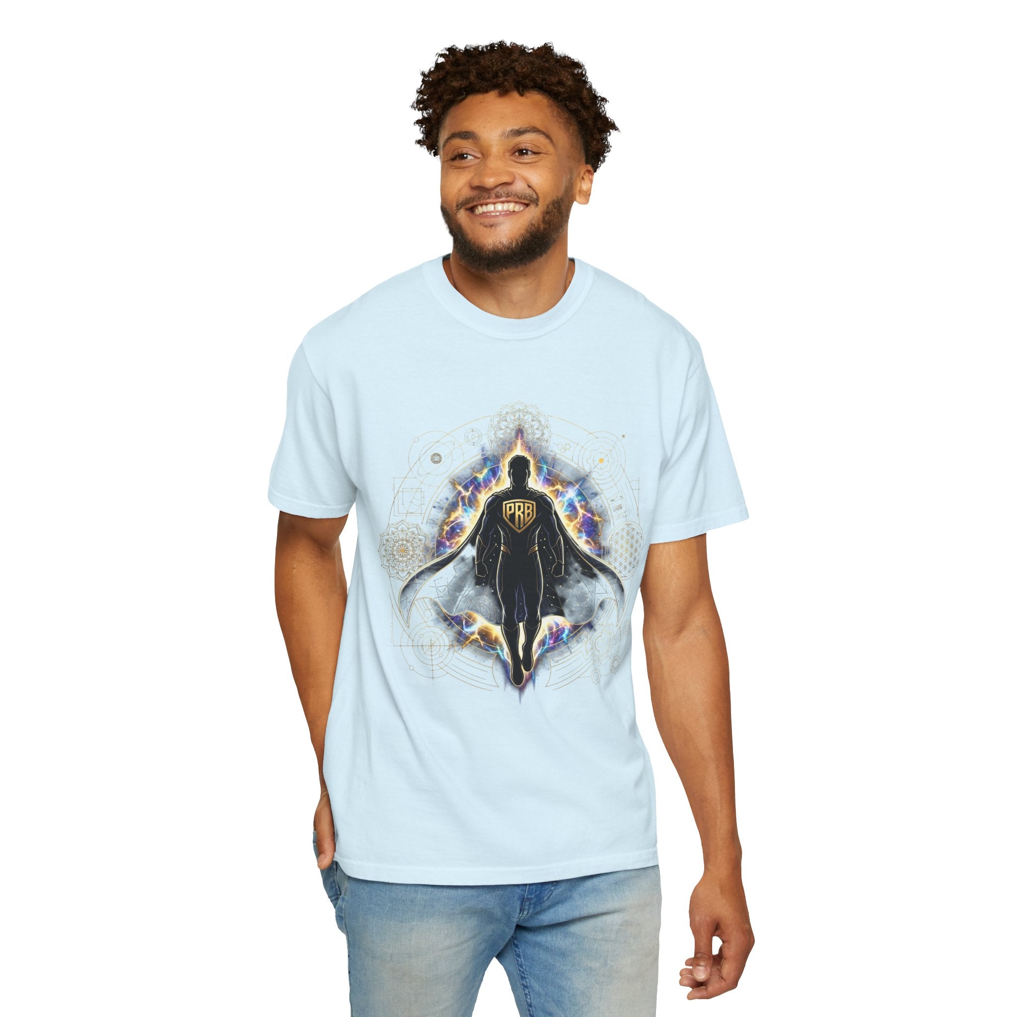 PRB Mystic Cloaked Hero Graphic T-Shirt | Cosmic Aura Geometric Streetwear Tee by Printify