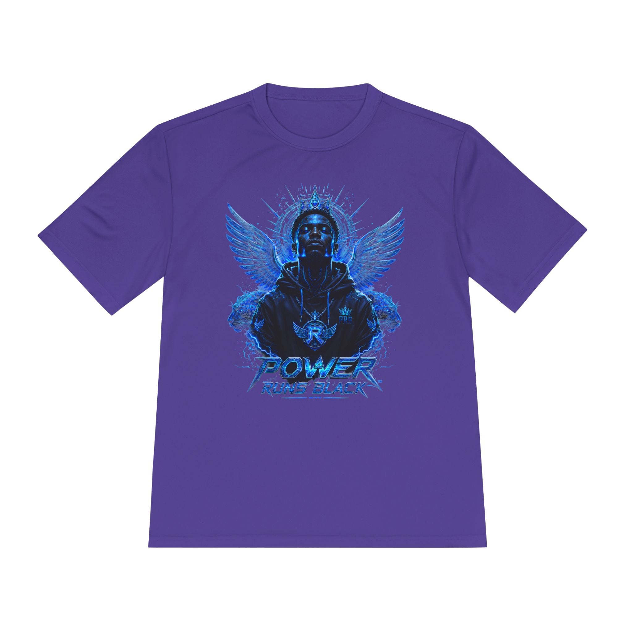 Power Runs Black graphic Tee | Blue angel wings, armored figure, bold script by Power Runs Black