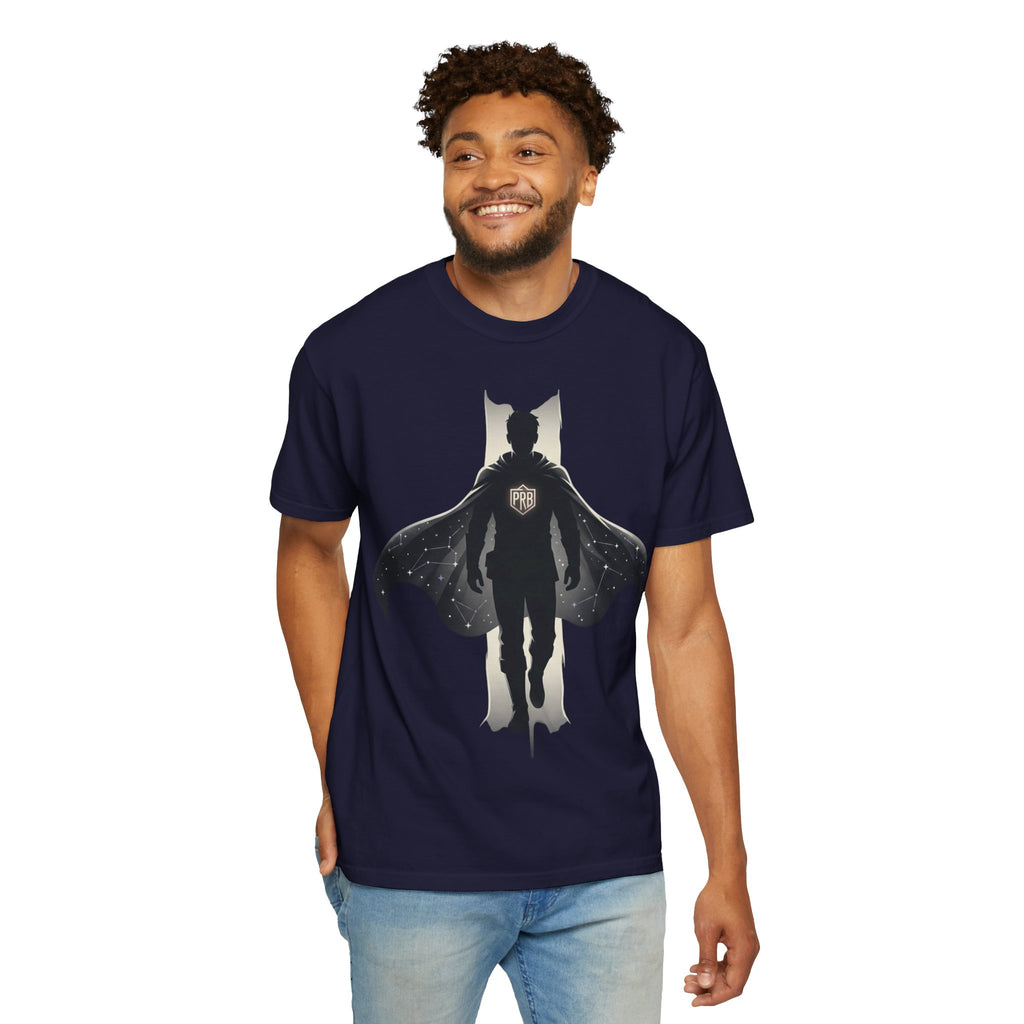 Power Runs Black Silhouette PRB Superhero with Cape T-shirt | Night Sky Emblem, Graphic Tee by Printify