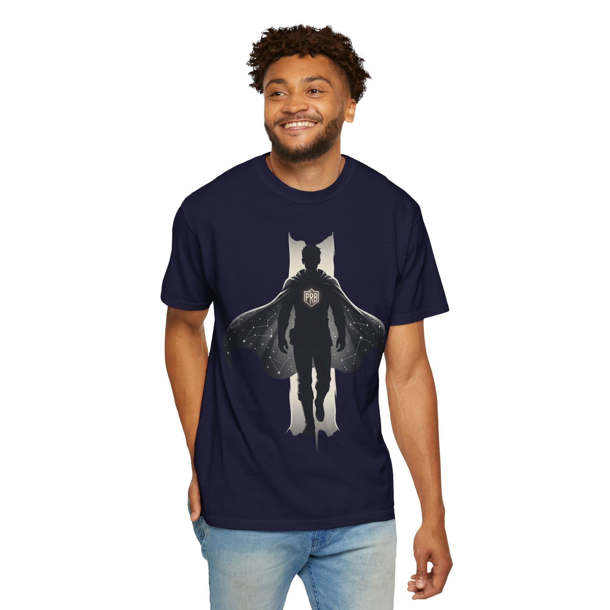 Power Runs Black Silhouette PRB Superhero with Cape T-shirt | Night Sky Emblem, Graphic Tee by Printify