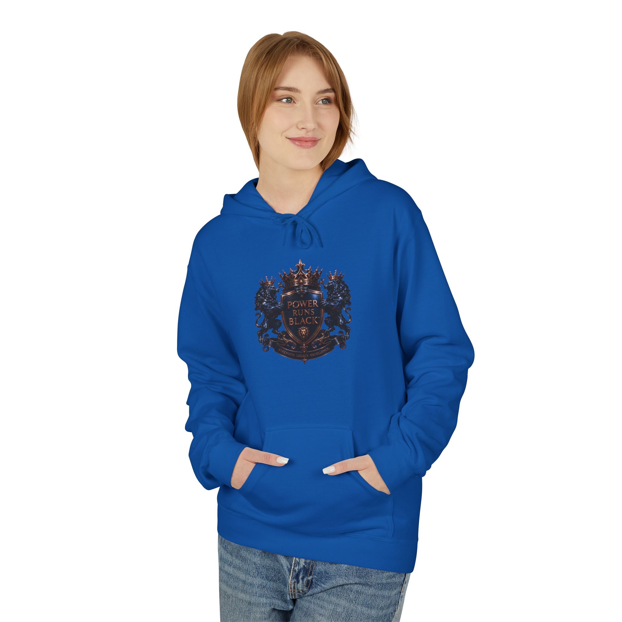 Power Runs Black crest hoodie | medieval shield with lions and wings by Power Runs Black