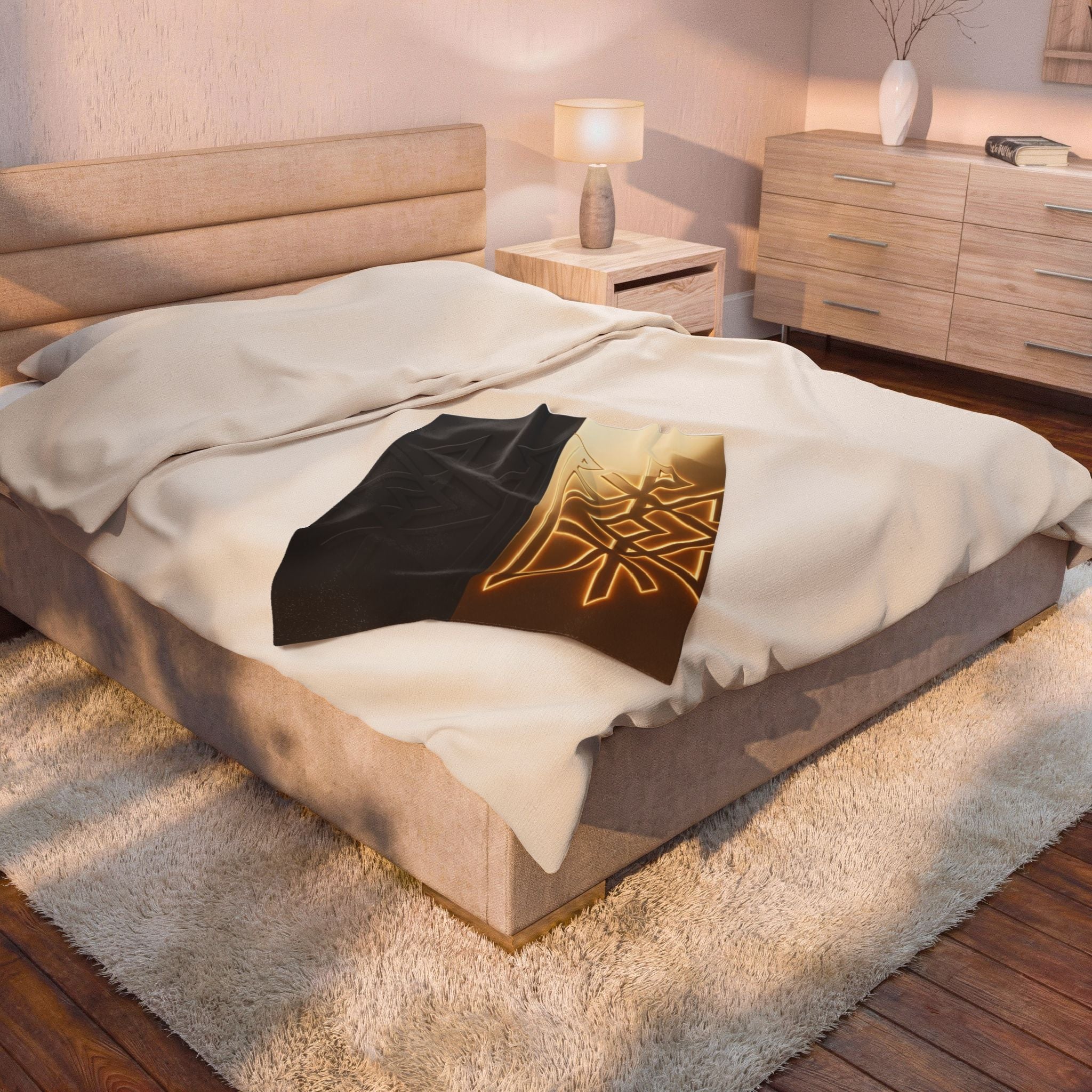 Power Runs Black PRB Velveteen Plush Blanket — Geometric Gold & Black Nordic Rune Throw by Power Runs Black
