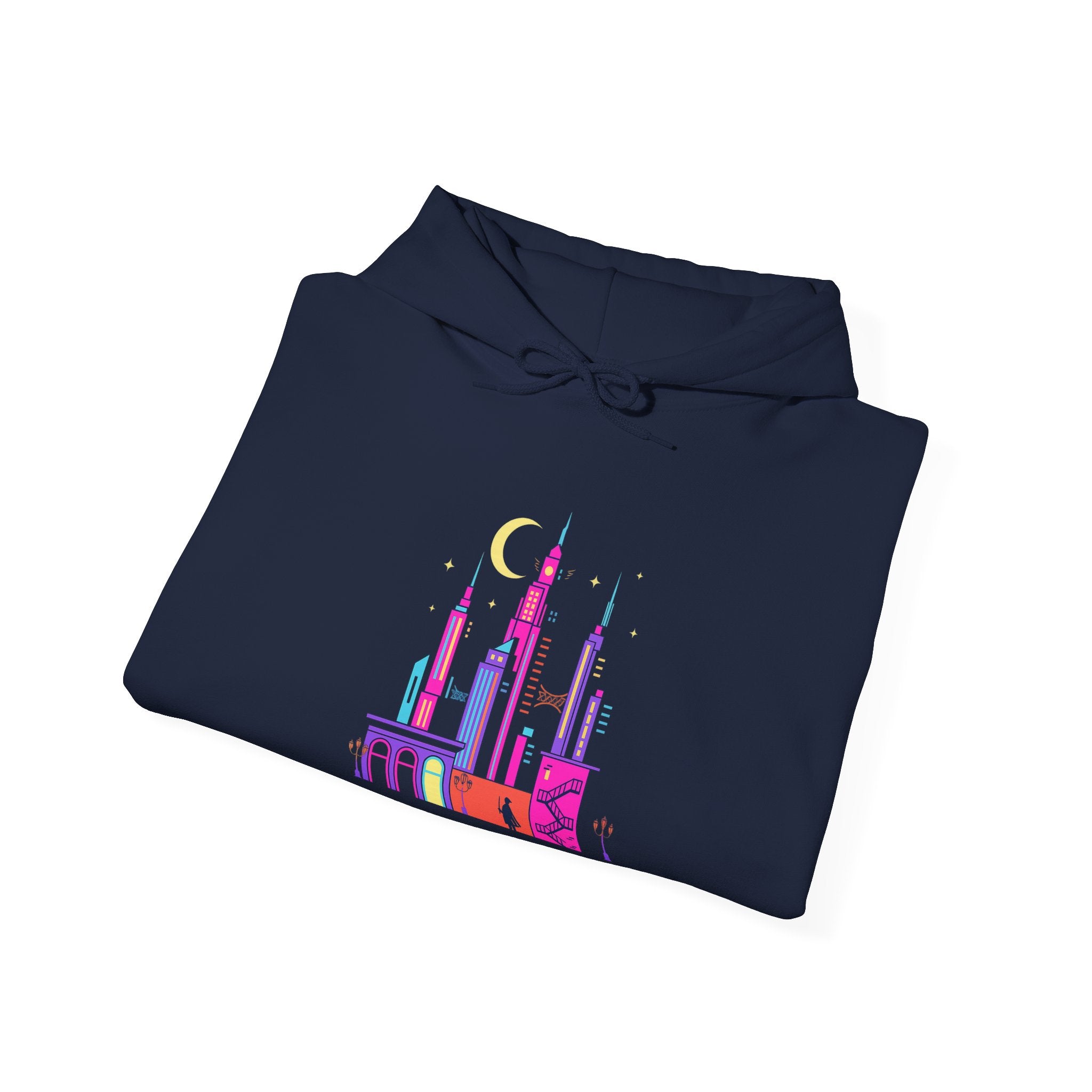 PRB Colorful City Skyline Hoodie – Vibrant Nighttime Urban Graphic by Power Runs Black