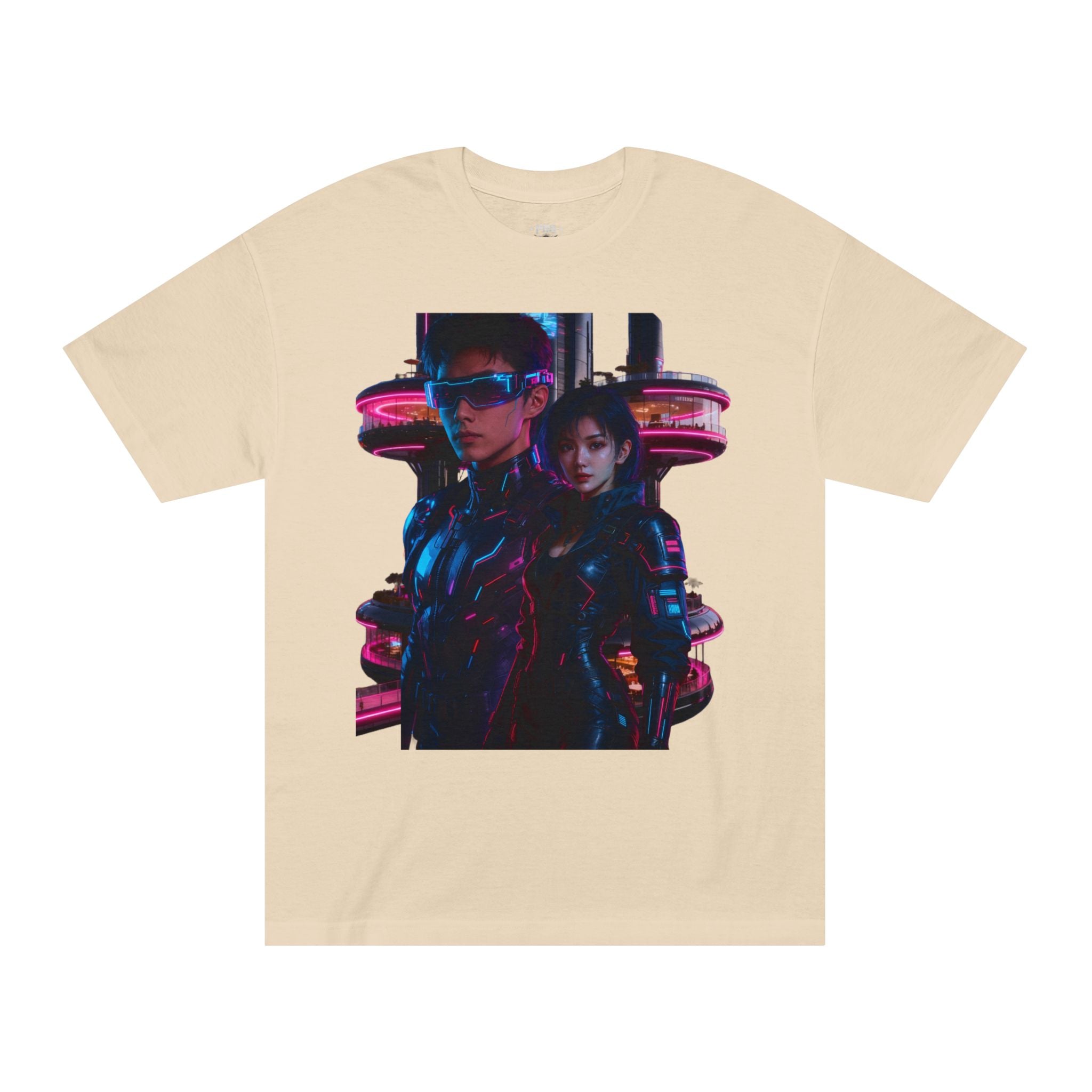 PRB Neon Tokyo Cyberpunk Couple T-Shirt | Futuristic Neon City Illustration by Printify