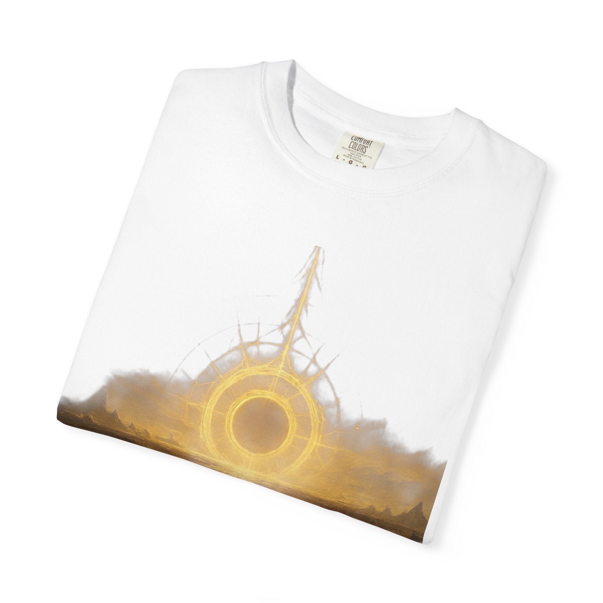 Power Runs Black PRB Golden Eclipse Portal T-shirt | Fantasy Landscape, Mystic Ring, Tower Art by Power Runs Black
