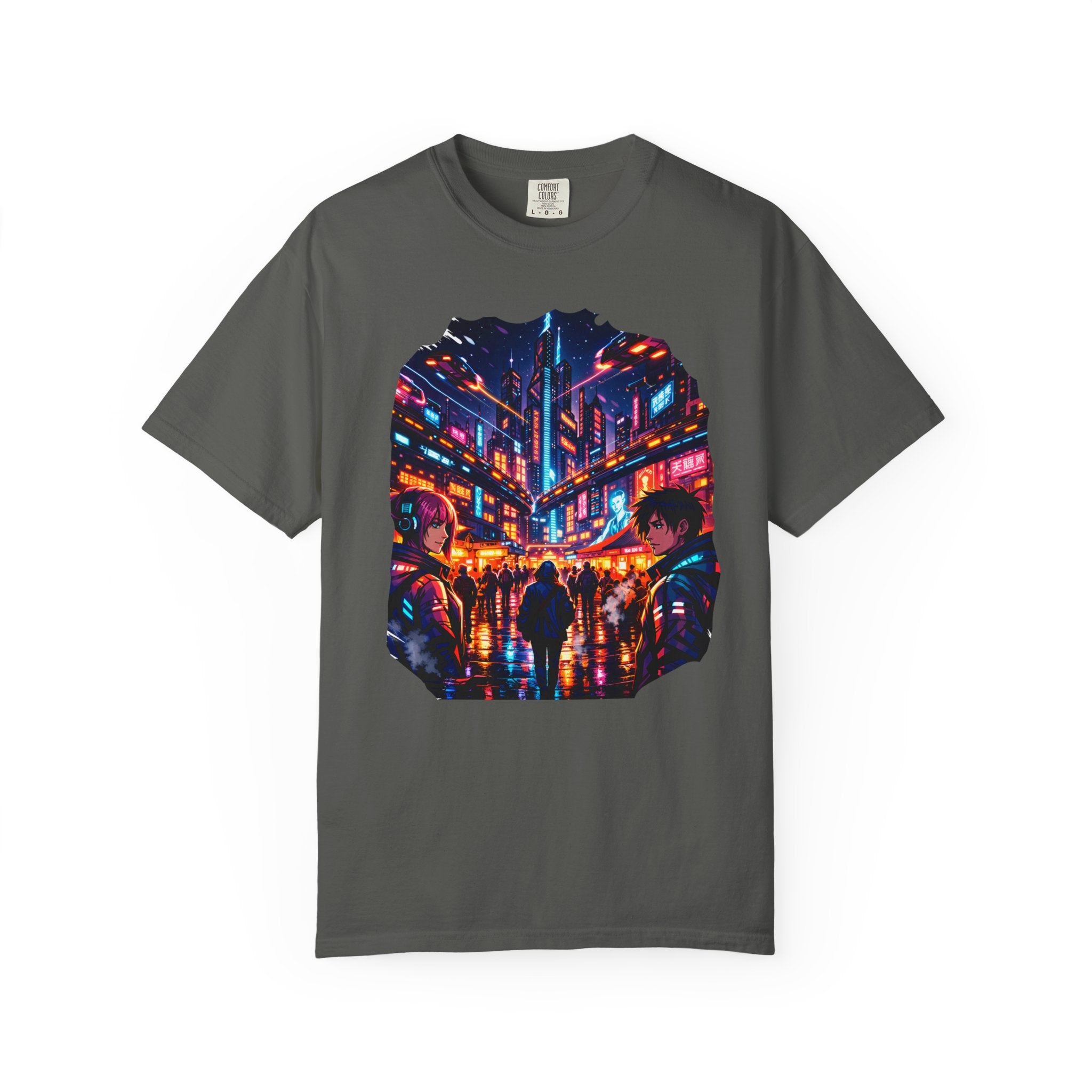 PRB Neon Cyberpunk Cityscape T-shirt | Anime Night Rain Streets by Power Runs Black