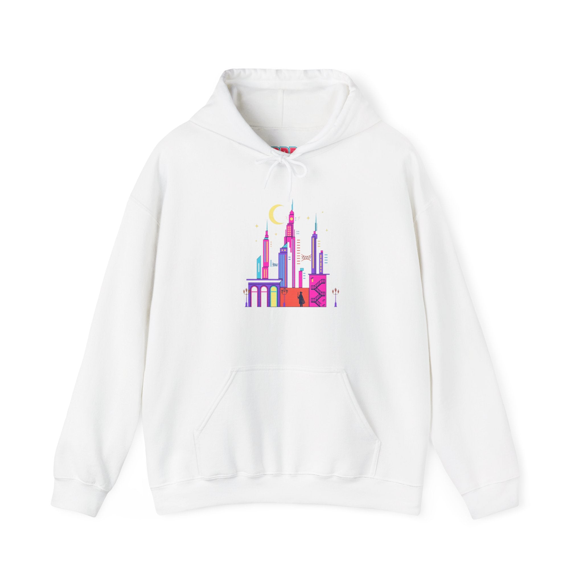 PRB Colorful City Skyline Hoodie – Vibrant Nighttime Urban Graphic by Printify