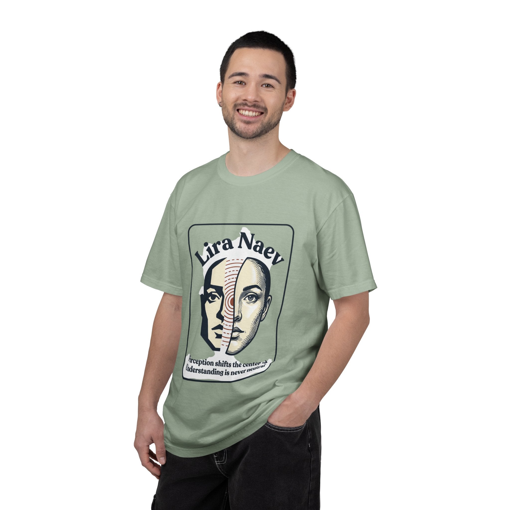 Power Runs Black PRB Lira Naev Split-Face Graphic T-Shirt — “Perception shifts the center” Statement Tee by Power Runs Black