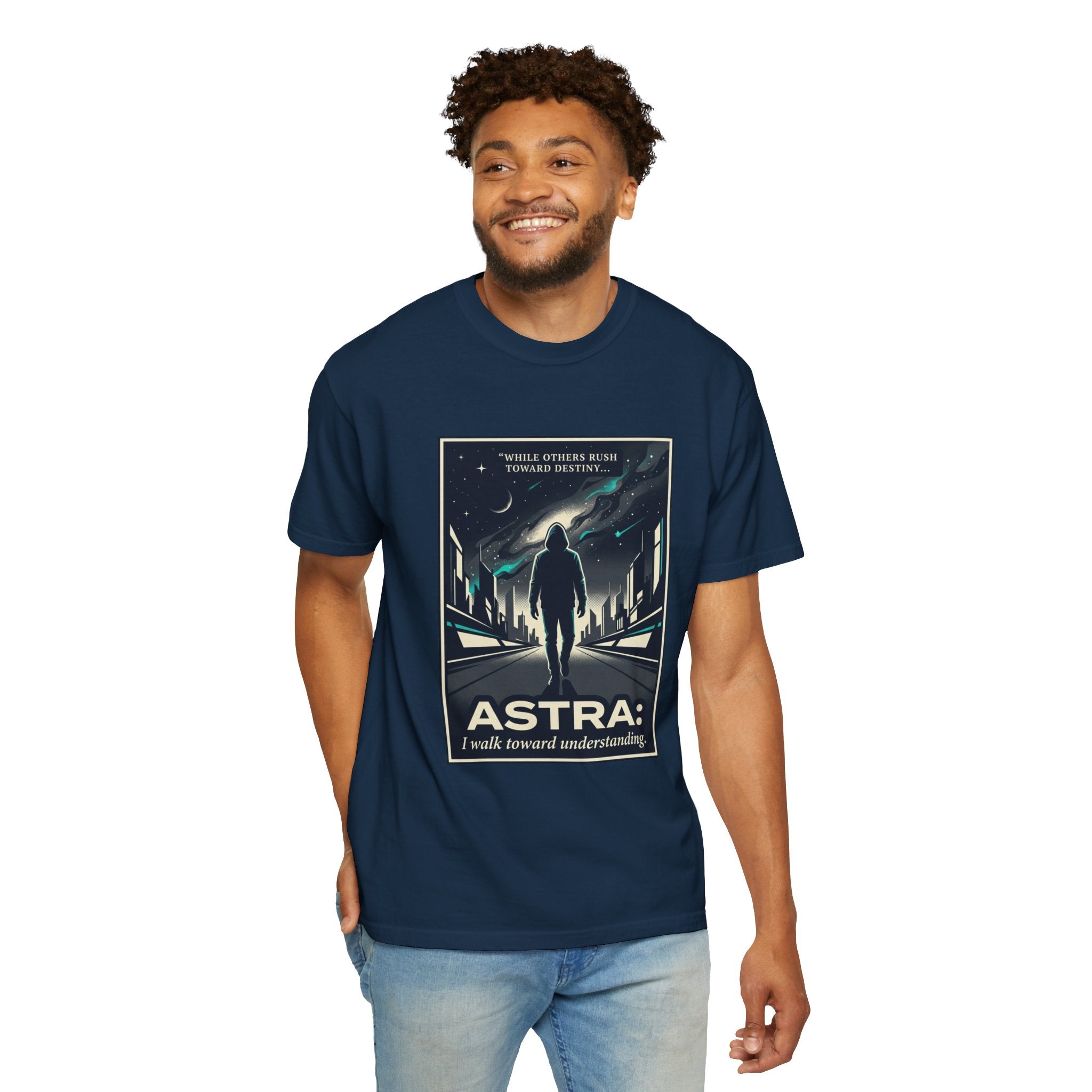 Power Runs Black Astra Sci‑Fi Graphic T-Shirt — "I walk toward understanding" Poster Design by Power Runs Black