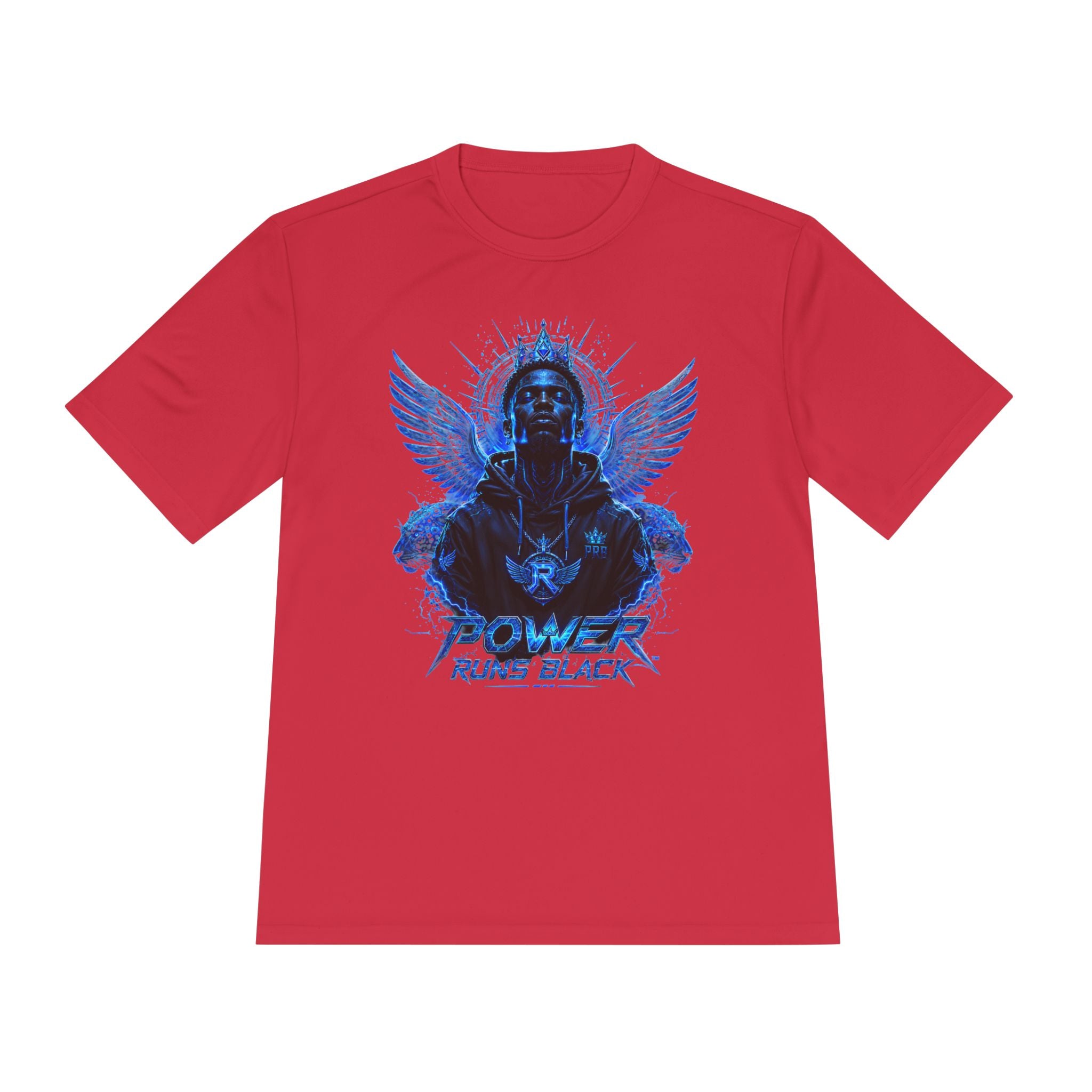 Power Runs Black graphic Tee | Blue angel wings, armored figure, bold script by Power Runs Black